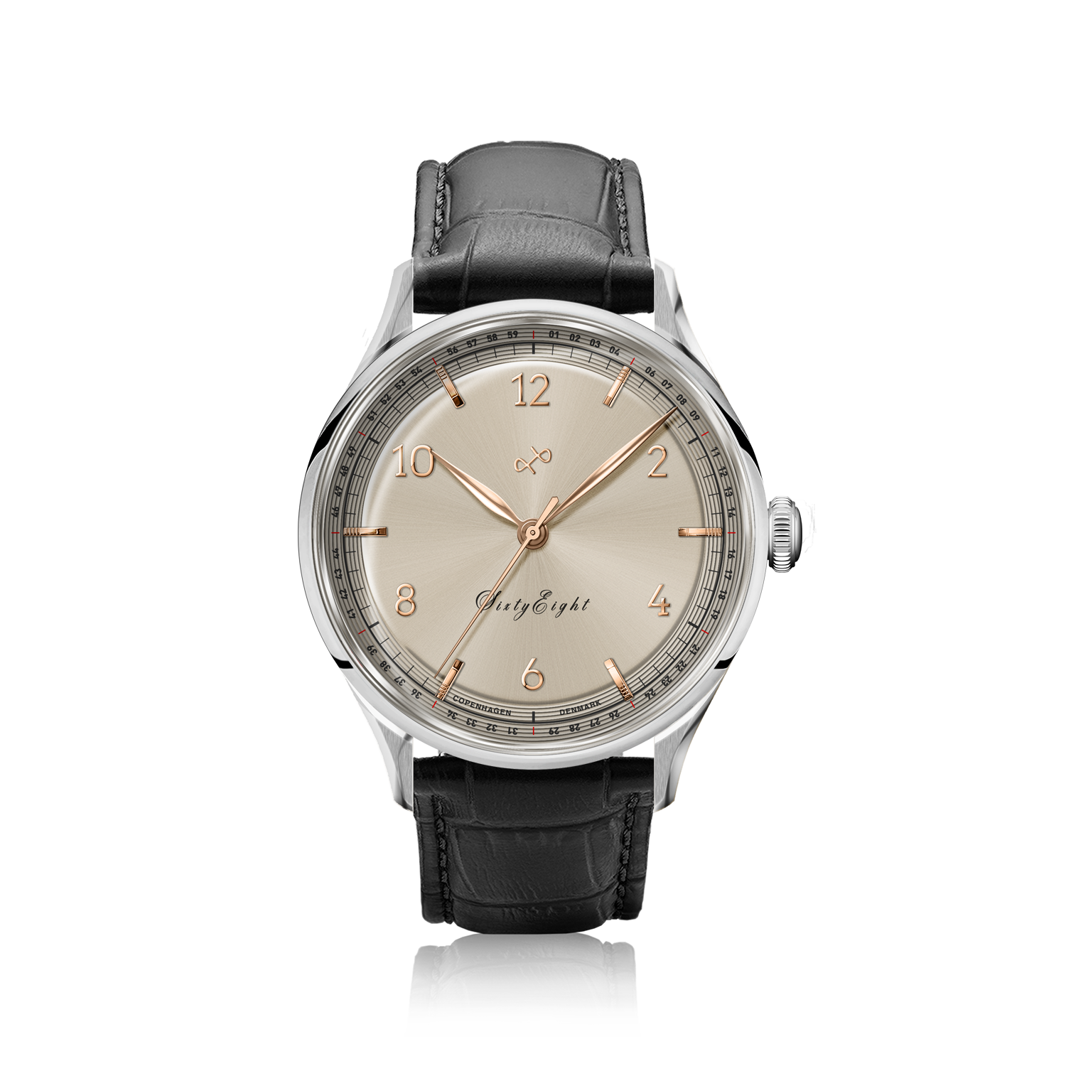 1968 Sixtyeight by AV86 vintage-inspired dress watch with sapphire crystal, elegant dial, and black leather strap
