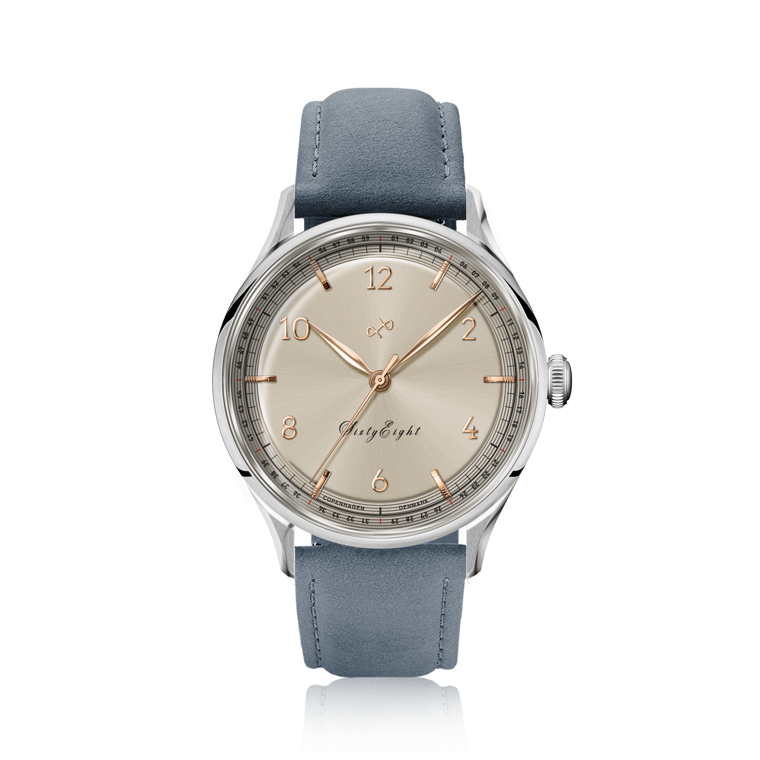 1968 Sixtyeight by AV86 vintage-inspired dress watch with sapphire crystal, refined dial, and blue leather strap
