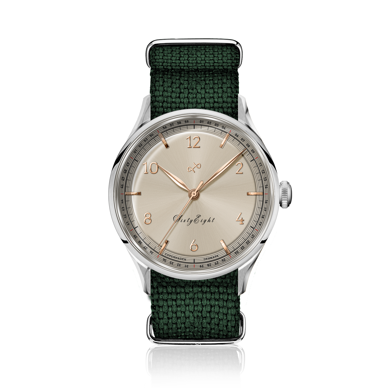 1968 Sixtyeight by AV86 vintage-inspired dress watch with sapphire crystal, subtle dial details, and textured fabric strap