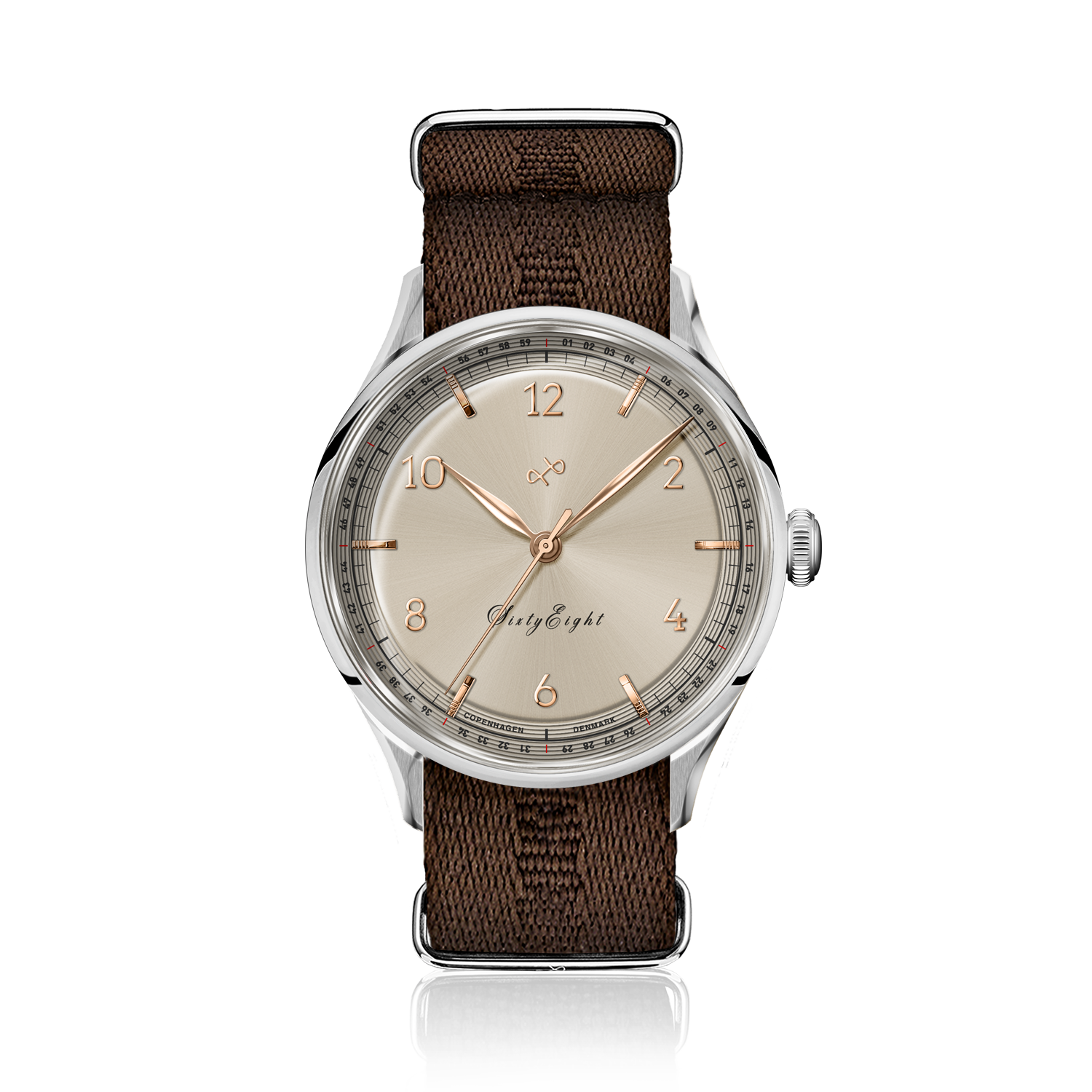 1968 Sixtyeight by AV86 vintage-inspired dress watch with domed sapphire crystal, subtle dial details, and brown textured fabric strap