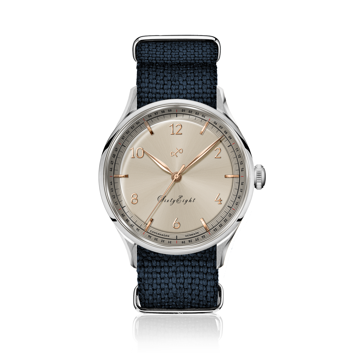 1968 Sixtyeight by AV86 vintage-inspired dress watch with sapphire crystal, subtle dial detailing, and textured fabric strap