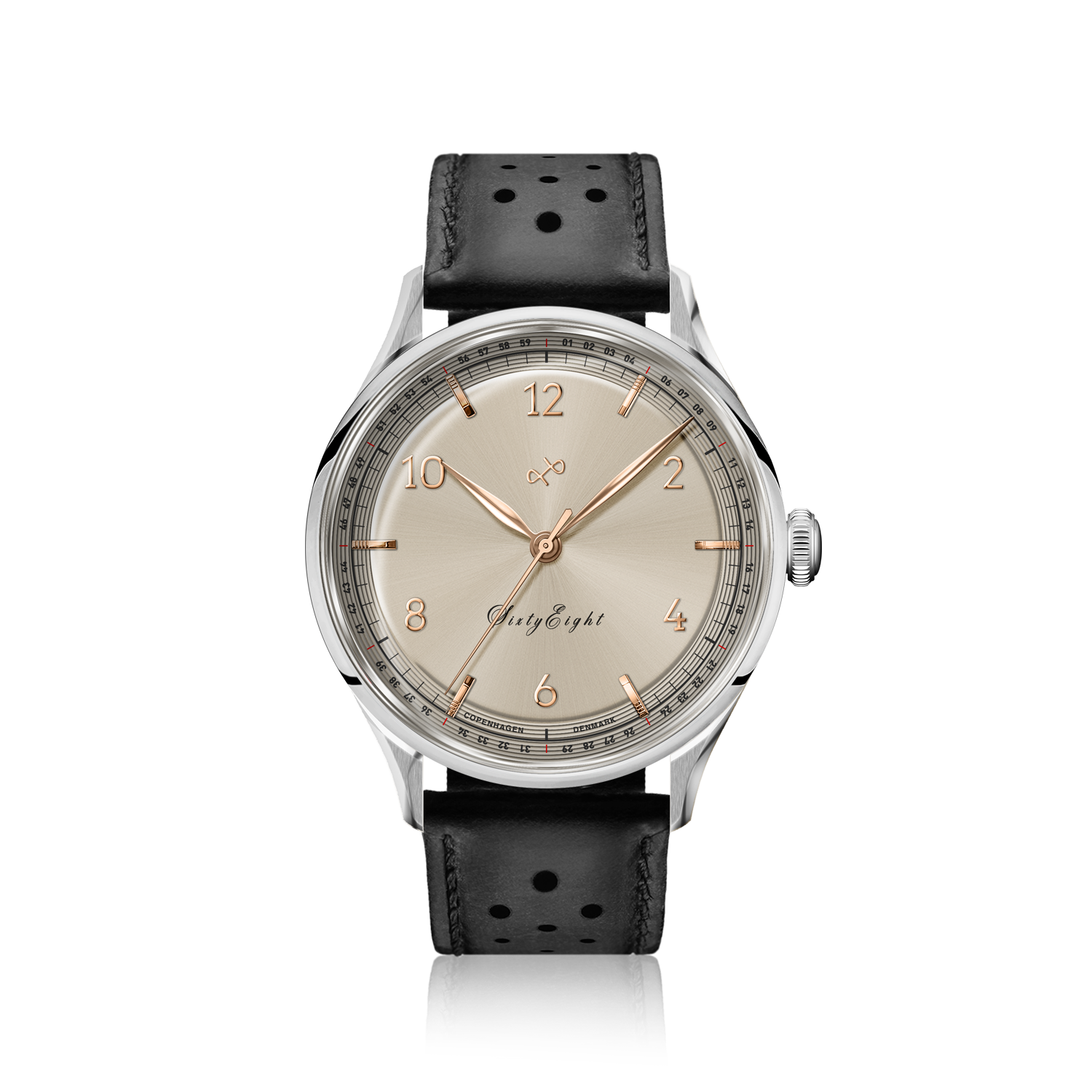 1968 Sixtyeight by AV86 vintage-inspired dress watch with sapphire crystal, elegant dial, and perforated black leather strap