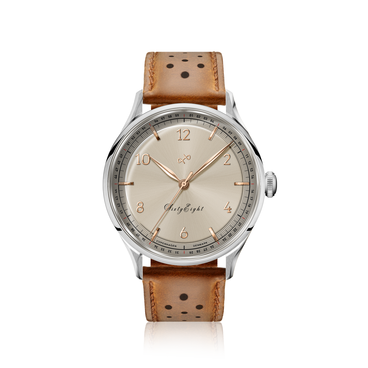 1968 Sixtyeight by AV86 vintage-inspired dress watch with champagne dial, sapphire crystal, and perforated brown leather strap