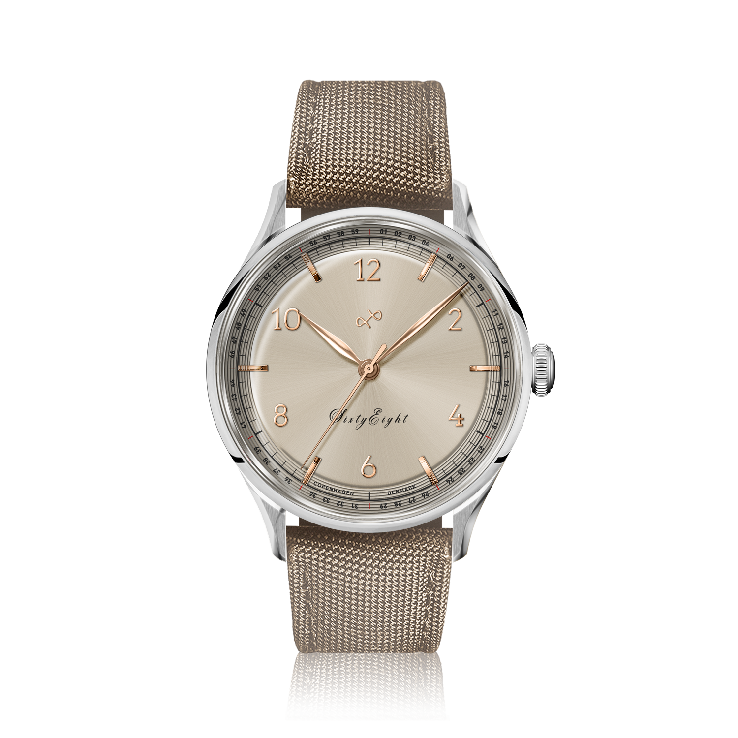 1968 Sixtyeight by AV86 vintage-inspired dress watch with sapphire crystal, delicate champagne dial, and textured fabric strap