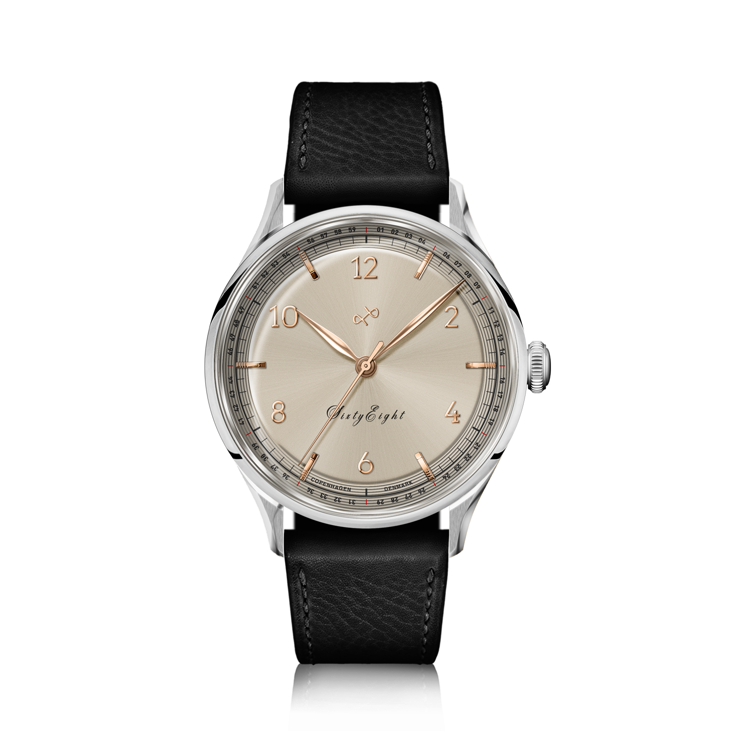 1968 Sixtyeight by AV86 vintage-inspired dress watch with sapphire crystal, champagne dial, and black leather strap