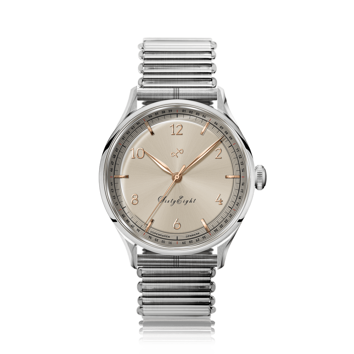 1968 Sixtyeight by AV86 vintage-inspired dress watch with domed sapphire crystal, delicate champagne dial, and stainless steel bracelet strap