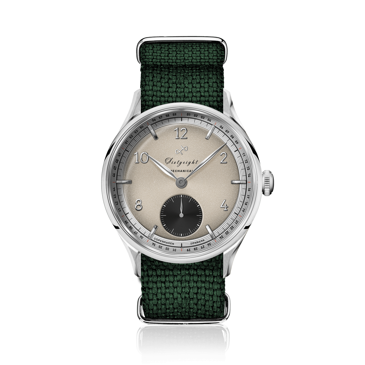 1968 Mechanical (Hand-Wound) by AV86 vintage-inspired dress watch with mechanical movement, textured dial, and green fabric strap