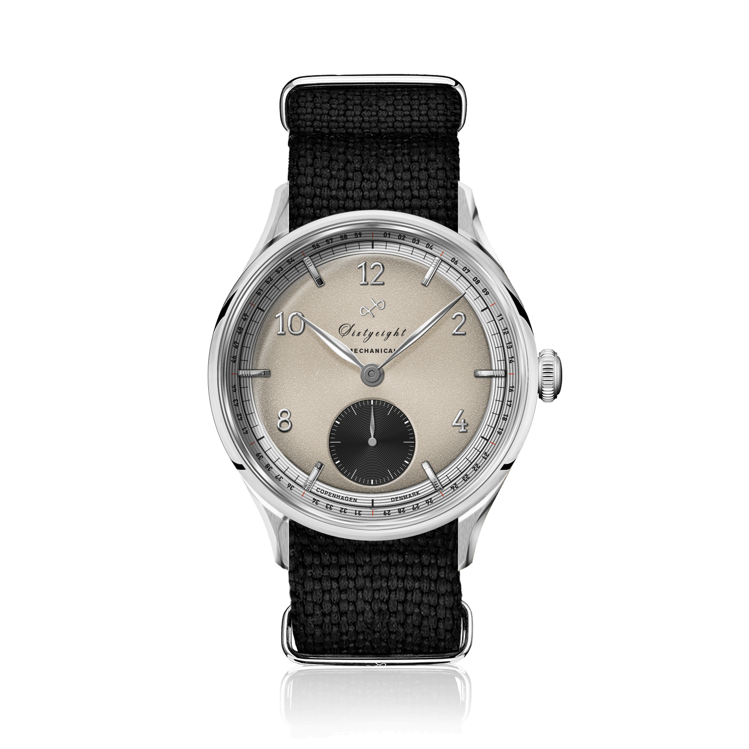 1968 Mechanical (Hand-Wound) by AV86 vintage-inspired dress watch with mechanical movement, textured dial, and black fabric strap