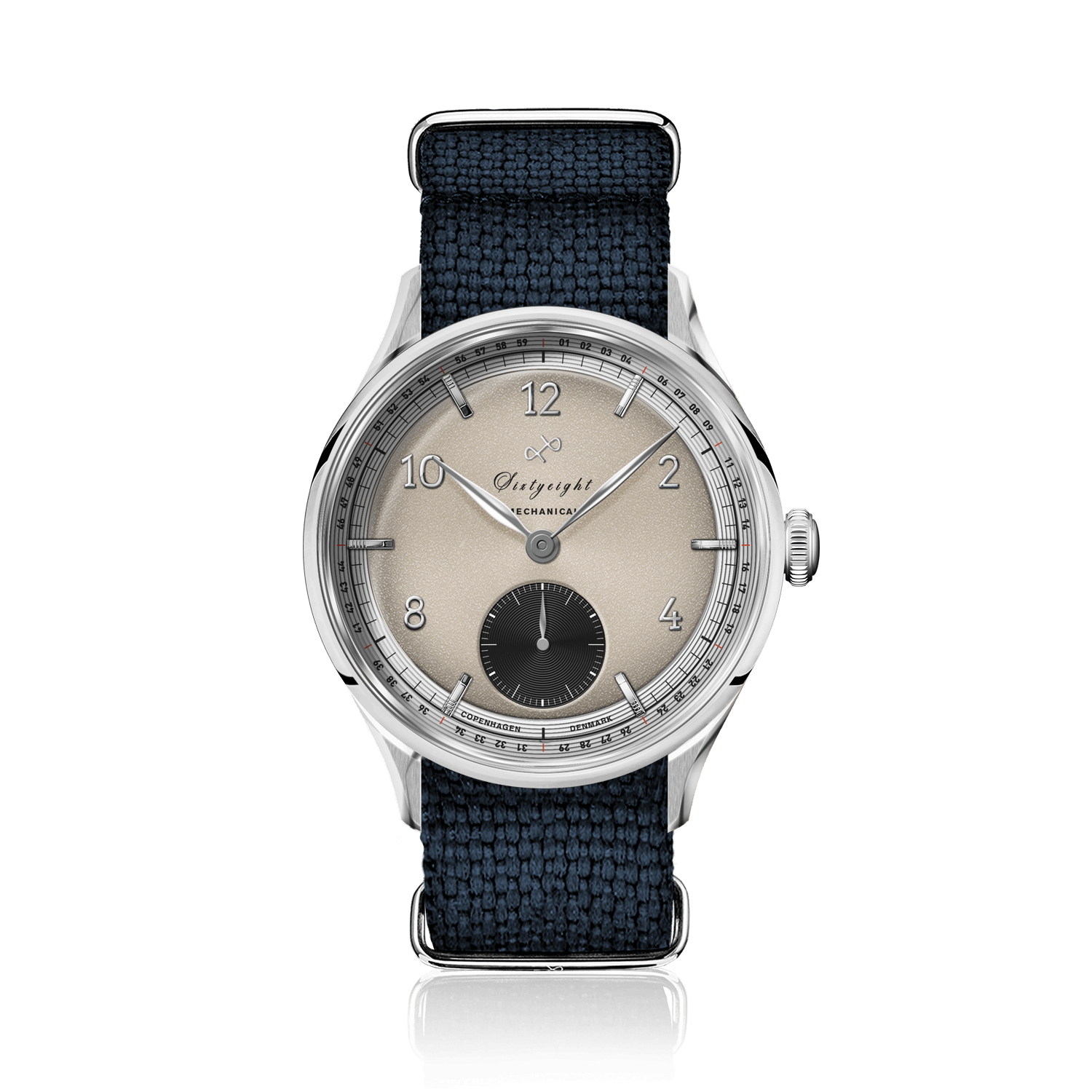 1968 Mechanical (Hand-Wound) by AV86 vintage-inspired dress watch with sand dial, sapphire crystal, and blue fabric strap