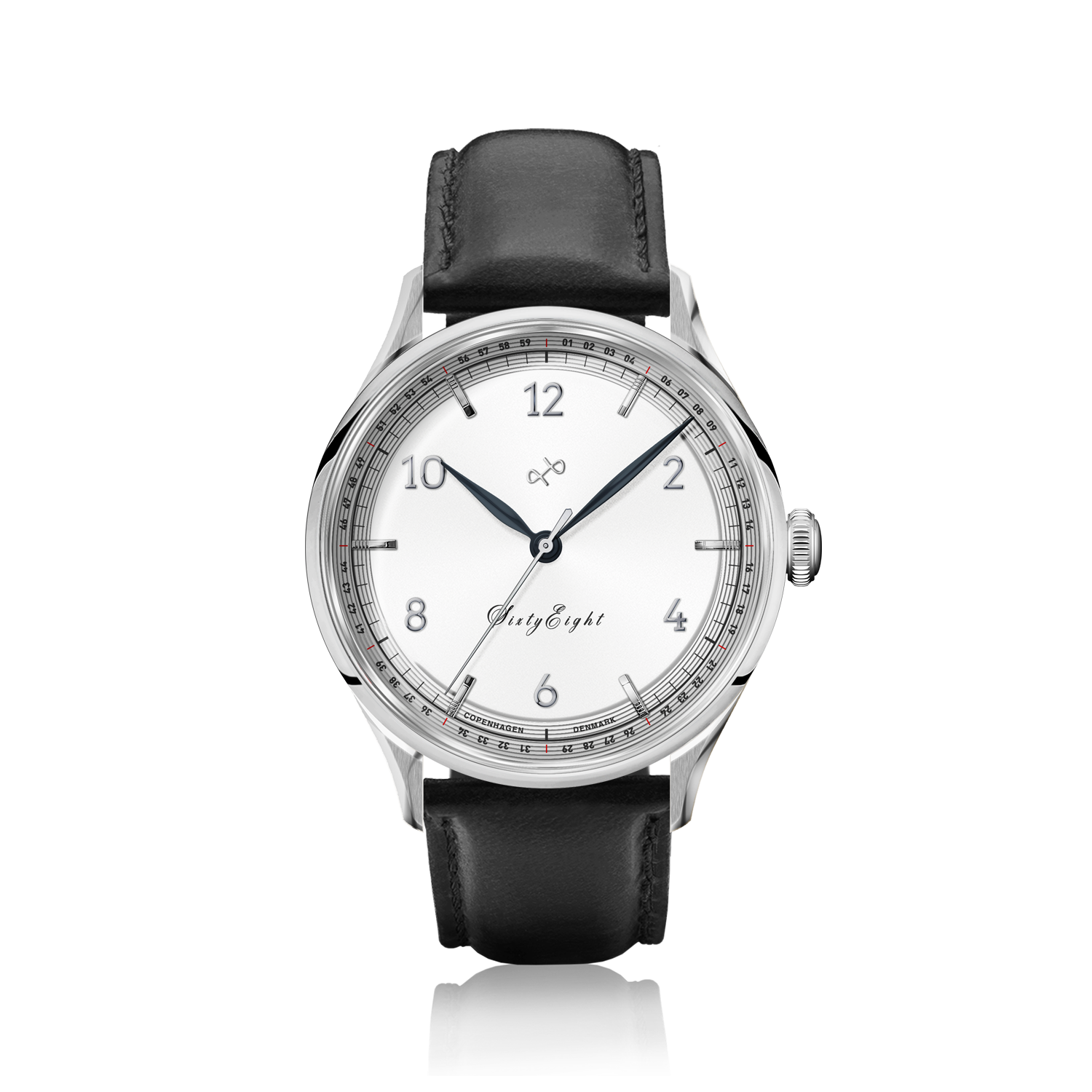 1968 Sixtyeight by AV86 vintage-inspired dress watch with sapphire crystal, minimalist dial, and black leather strap