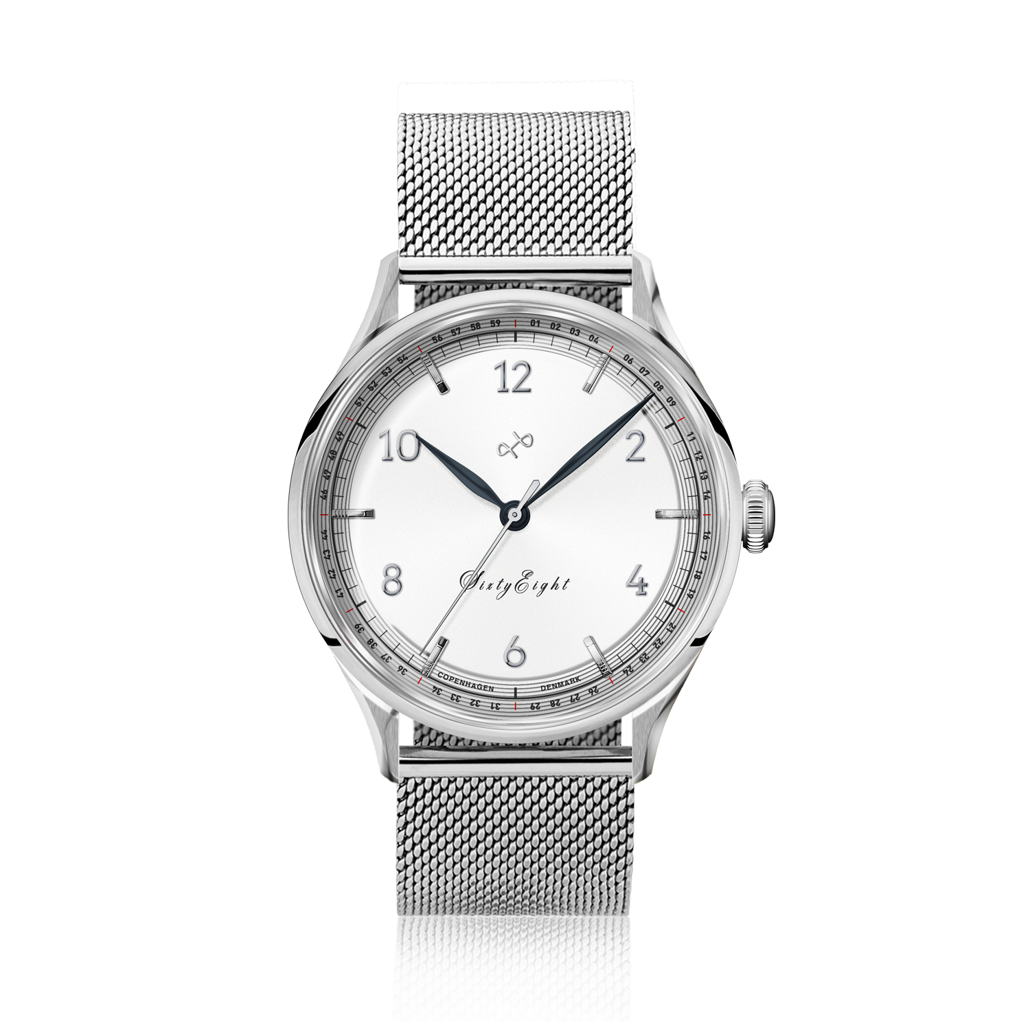 1968 Sixtyeight by AV86 vintage-inspired dress watch with sapphire crystal, minimalist dial, and stainless steel mesh strap