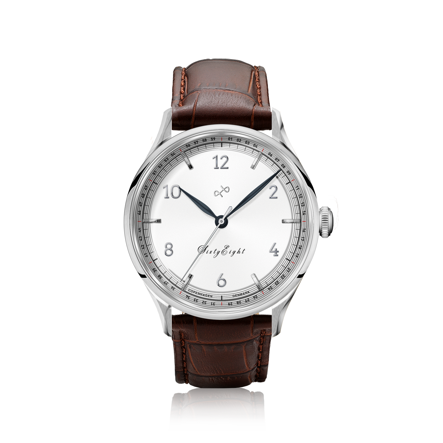 1968 Sixtyeight by AV86 vintage-inspired dress watch with sapphire crystal, polished steel case, and brown leather strap
