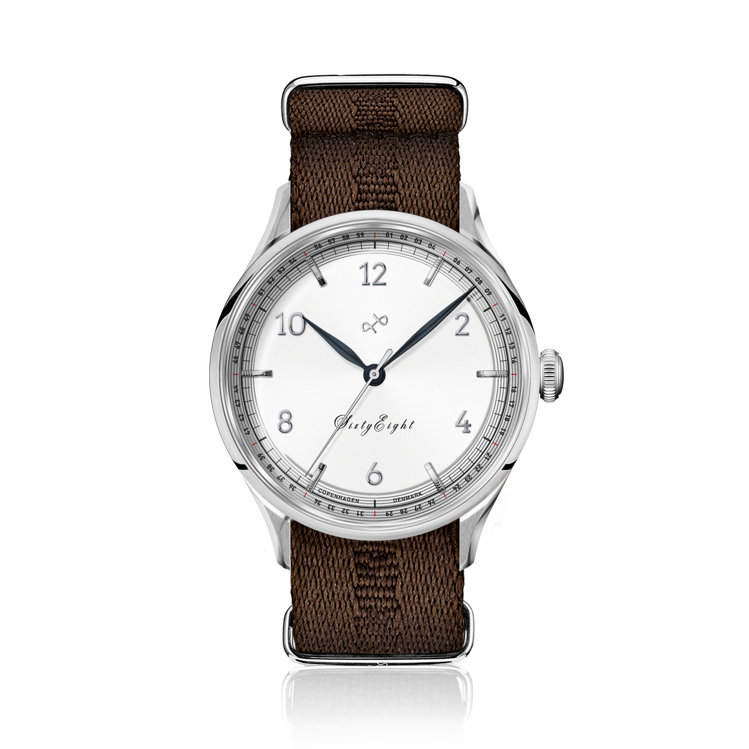 1968 Sixtyeight by AV86 vintage-inspired dress watch with sapphire crystal, fine dial detailing, and textured fabric strap