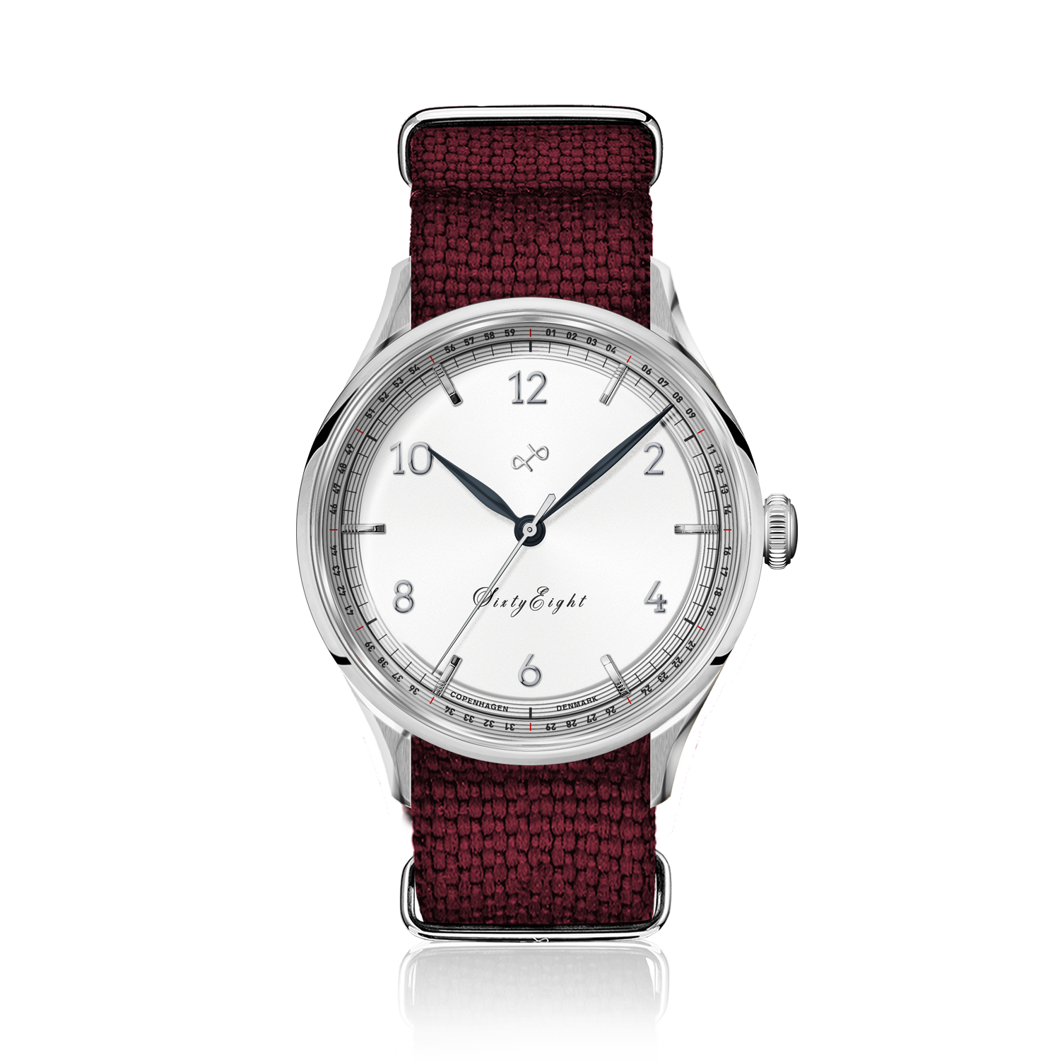 1968 Sixtyeight by AV86 vintage-inspired dress watch with sapphire crystal, minimalist dial, and textured fabric strap