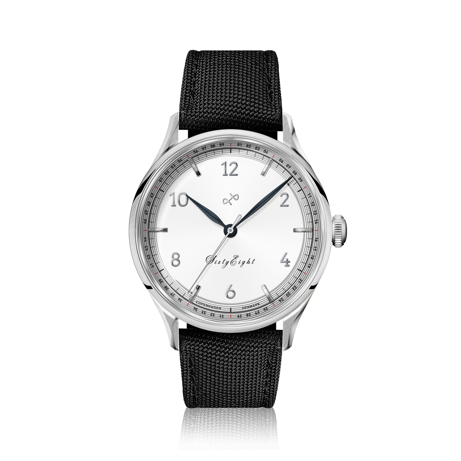 1968 Sixtyeight by AV86 luxury dress watch with vintage-inspired dial, sapphire crystal, stainless steel case, and black fabric strap