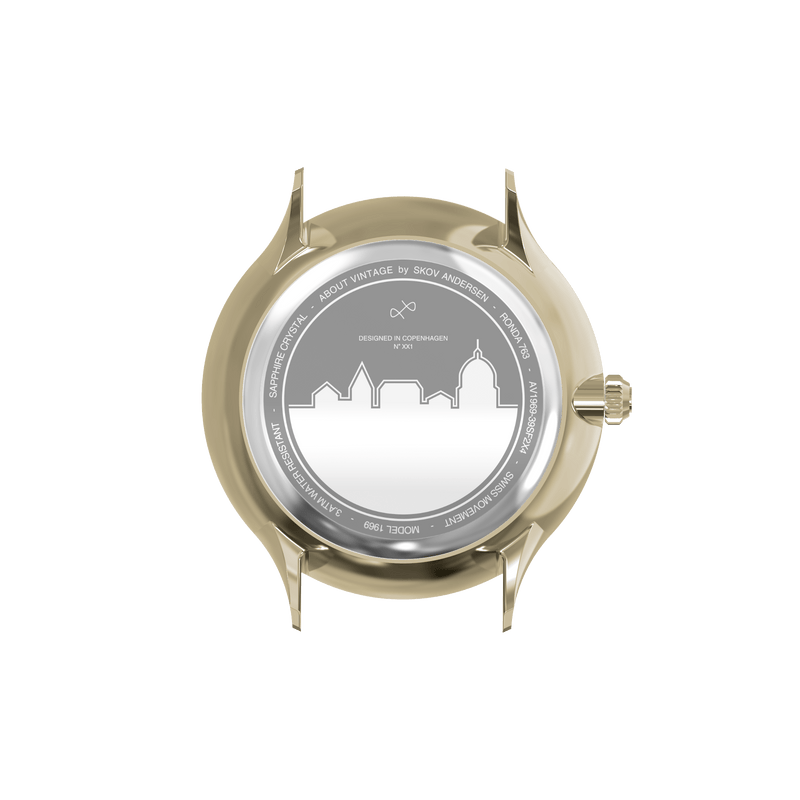 1969 Vintage, guld/midnatsblå – Specialudgave – 39 mm fra AV86 med guldurkasse, Sapphire Crystal og indgraveret bagside