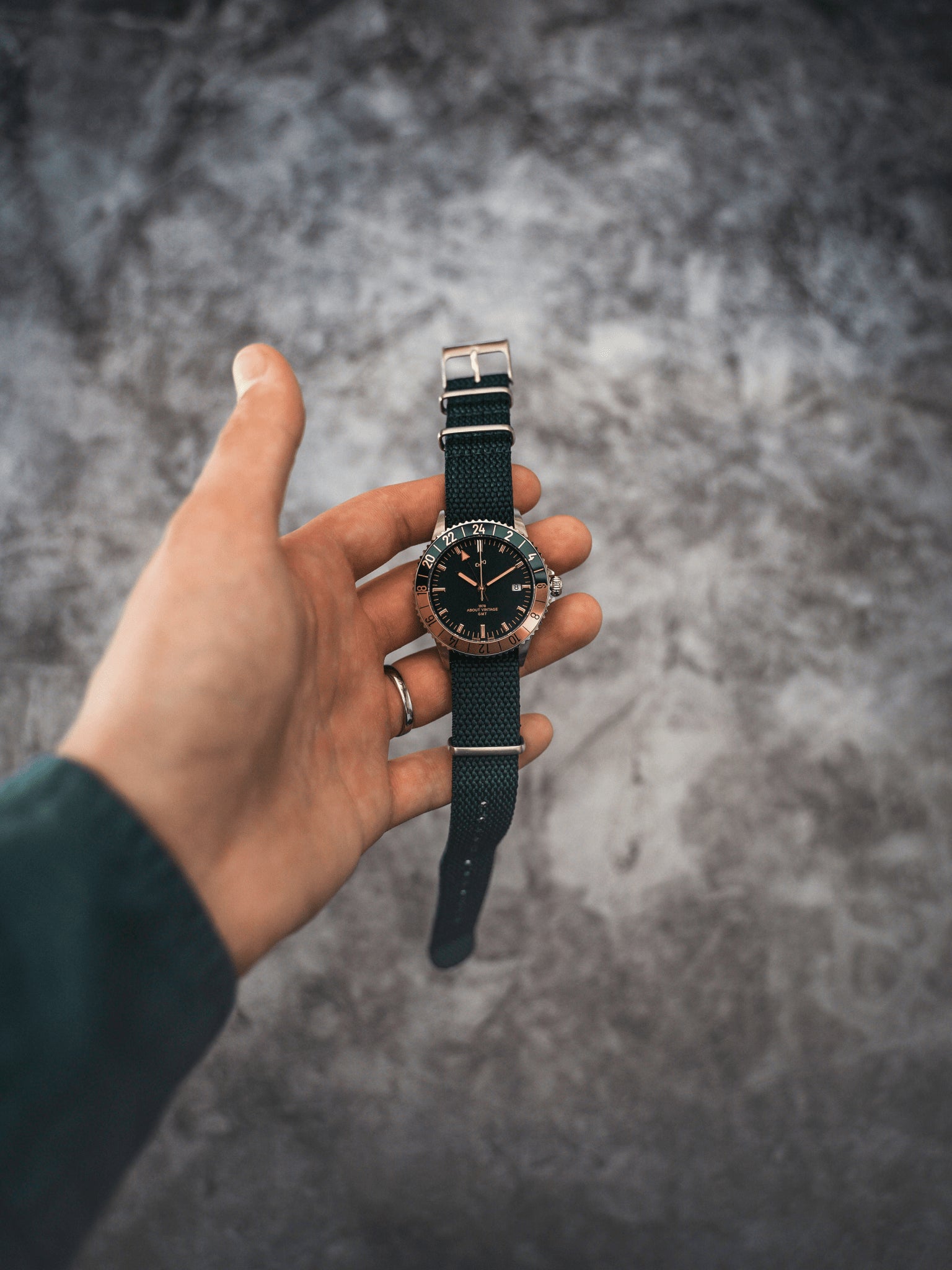 1970 Haagen GMT Automatic by AV86 vintage-inspired GMT watch with sapphire crystal, compass bezel, and fabric strap