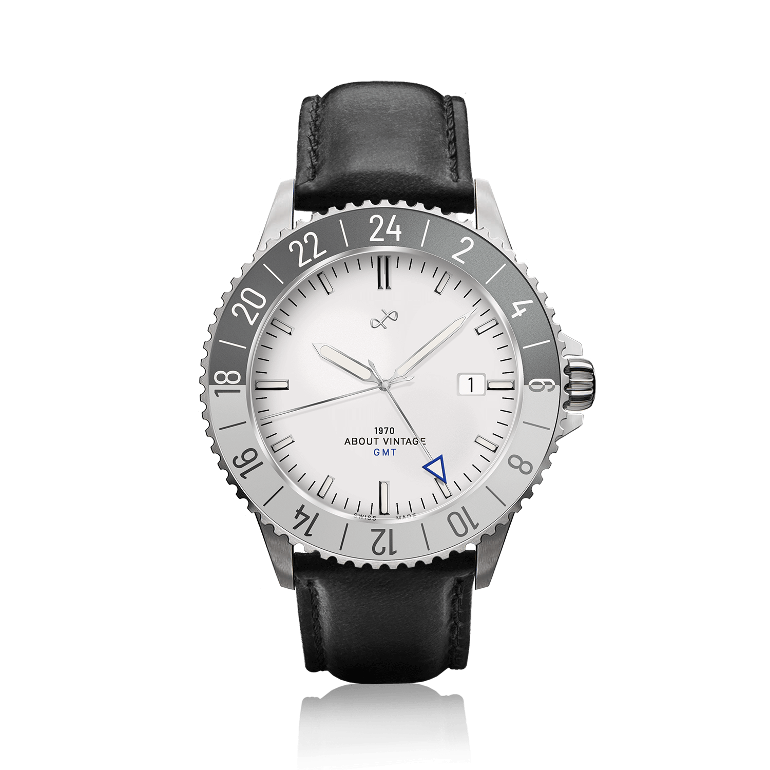 1970 Glacier GMT Automatic by AV86 luxury GMT watch with sapphire crystal, 24-hour bezel, and black leather strap