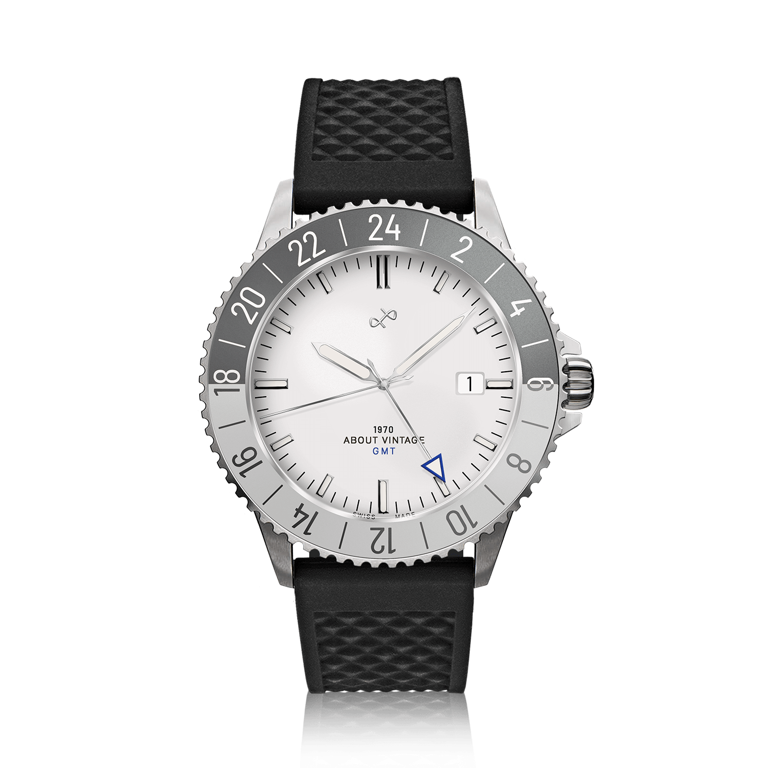 1970 Glacier GMT Automatic by AV86 luxury Swiss-made GMT watch with sapphire crystal, gray bezel, and textured black rubber strap