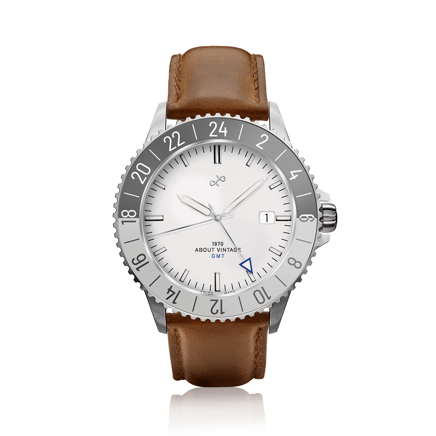 1970 Glacier GMT Automatic by AV86 vintage-inspired GMT watch with sapphire crystal, compass bezel, and brown leather strap