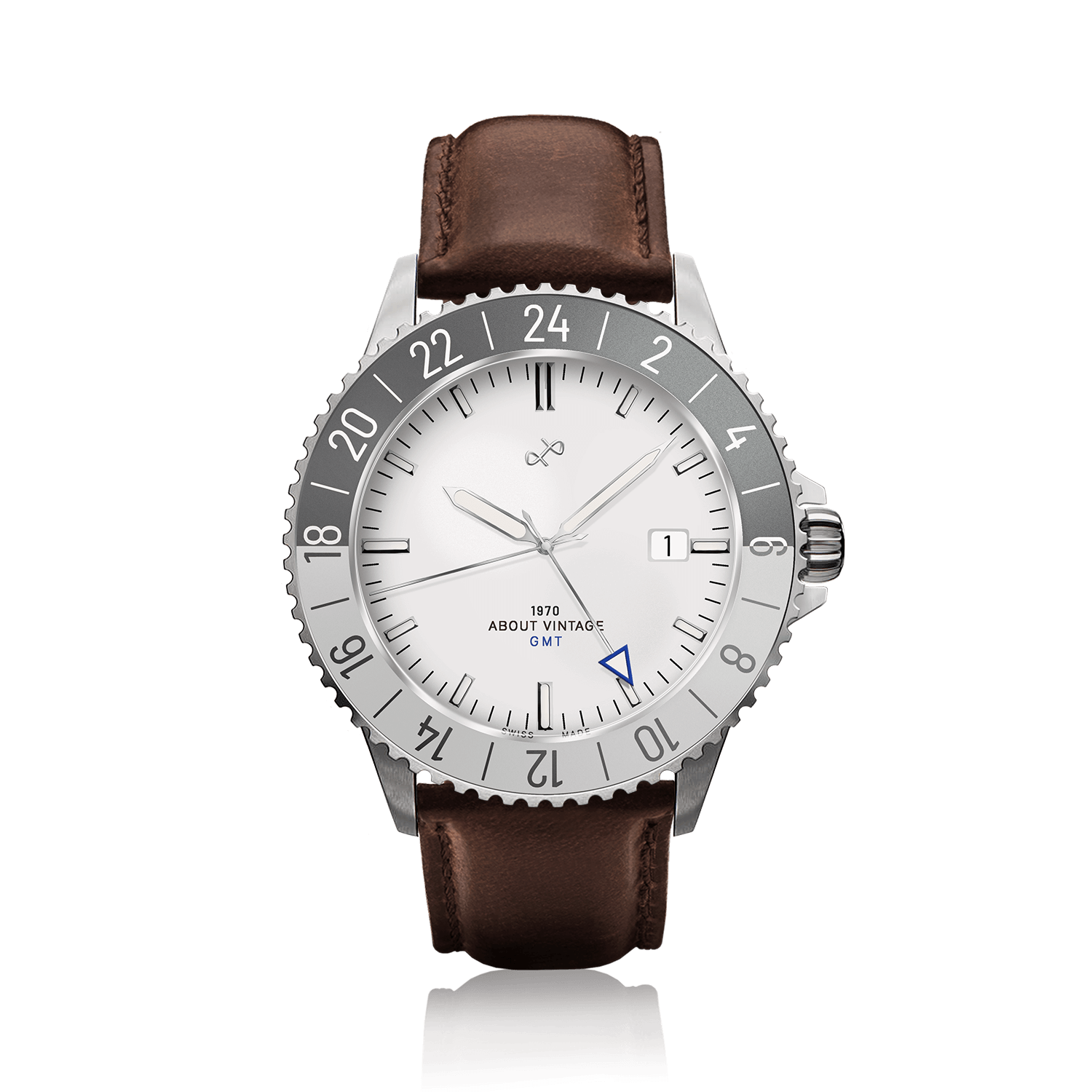 1970 Glacier GMT Automatic by AV86 luxury vintage-inspired GMT with off-white dial, sapphire crystal, compass bezel, brown leather strap
