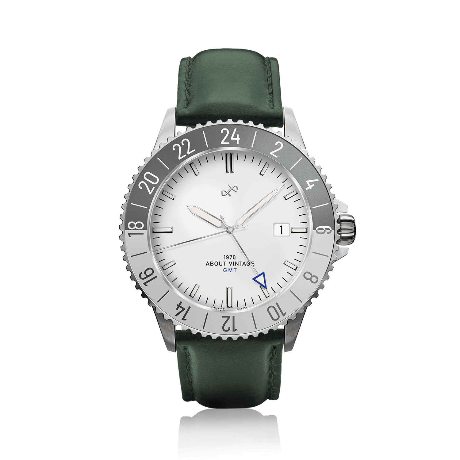 1970 Glacier GMT Automatic by AV86 with vintage-inspired dial, sapphire crystal, GMT bezel, and green leather strap