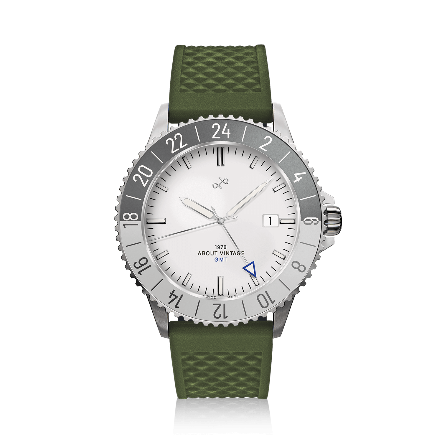 1970 Glacier GMT Automatic, Swiss Made by AV86 with vintage-inspired GMT dial, sapphire crystal, silver-gray bezel, and green rubber strap