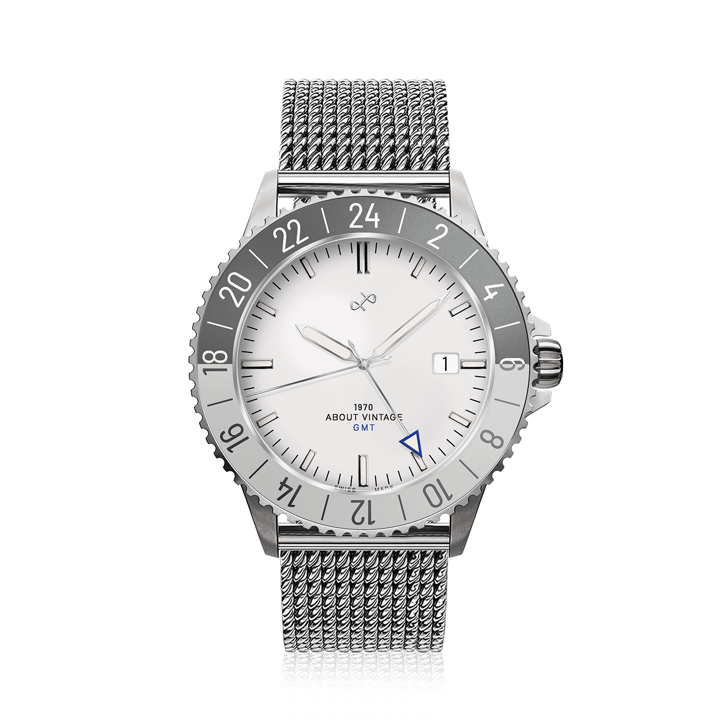 1970 Glacier GMT Automatic by AV86 with vintage-inspired dial, sapphire crystal, GMT bezel, and stainless steel mesh bracelet strap