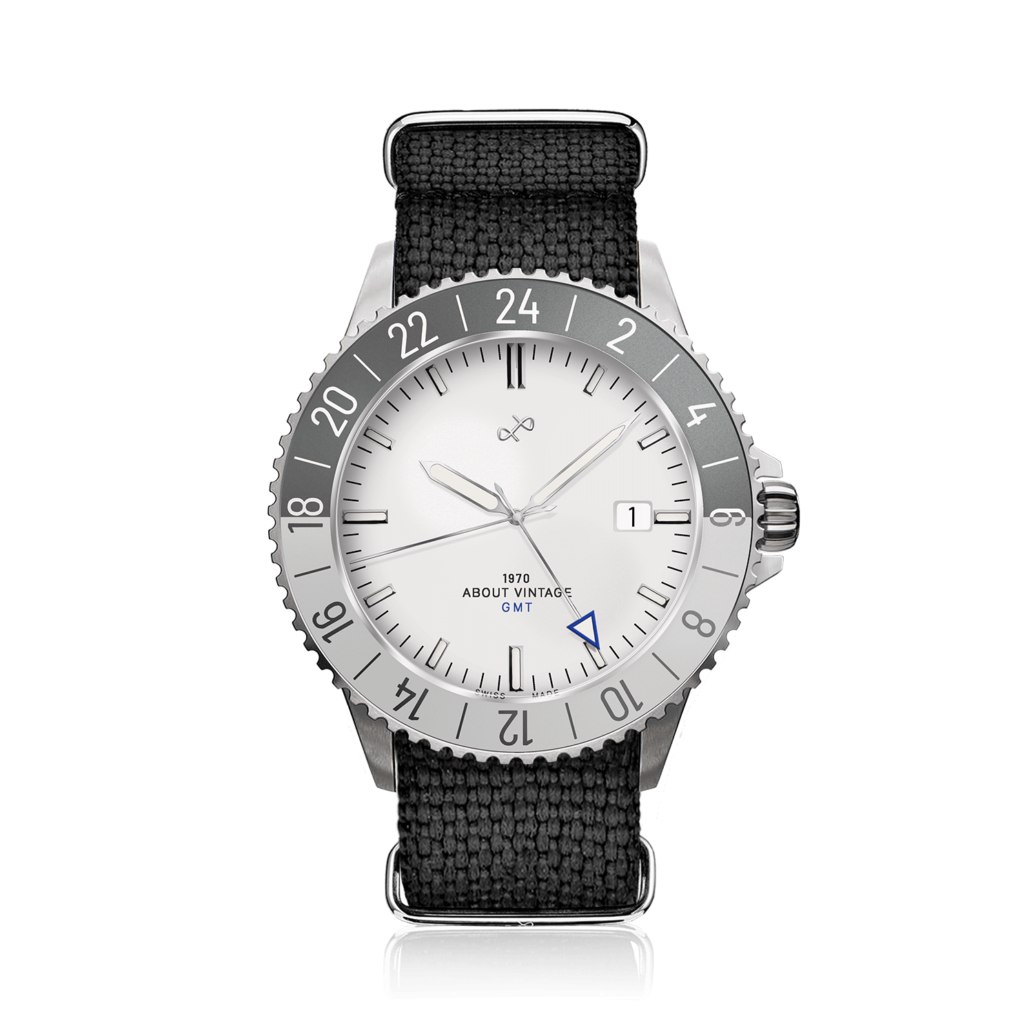 1970 Glacier GMT Automatic by AV86 vintage-inspired GMT with sapphire crystal, silver-gray bezel, and black fabric strap