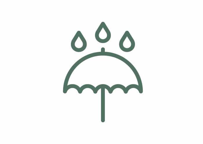 Dark green umbrella outline icon with scalloped canopy, straight handle, and three raindrops on a plain white background