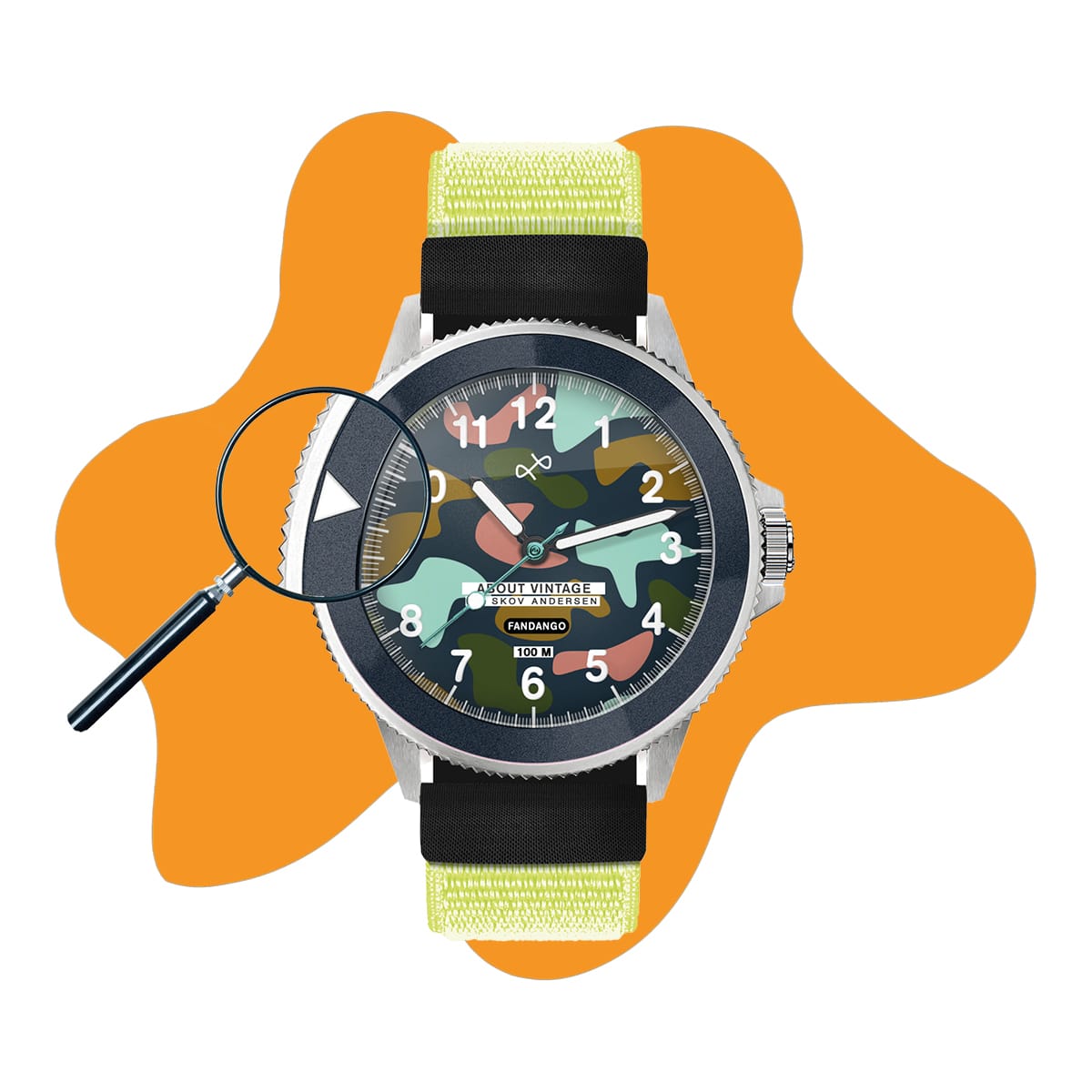 AV86 analog wristwatch with camouflage dial, luminous numerals, black and green woven strap, and magnifying glass on an orange abstract background
