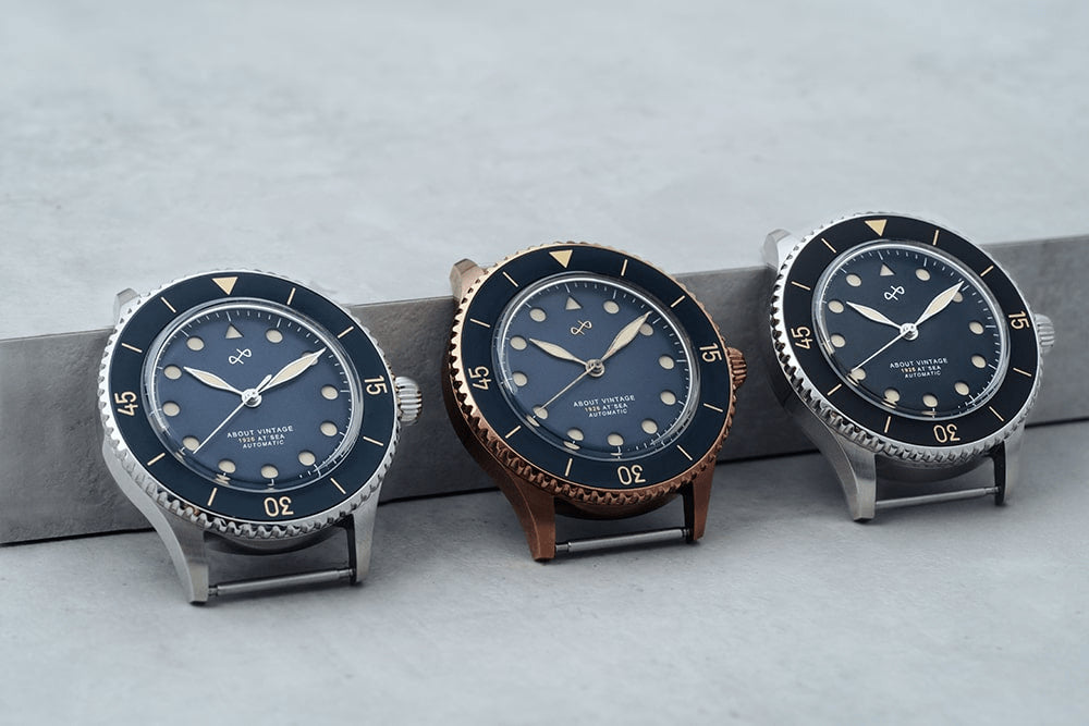 1926 Automatic, Blue Vintage by AV86 vintage-inspired diver with sapphire crystal, compass bezel, and mixed metal cases