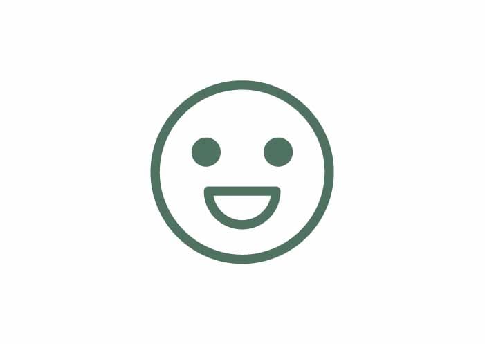 Green outlined smiling face icon with circular border, two eyes, and open curved mouth on a plain white background