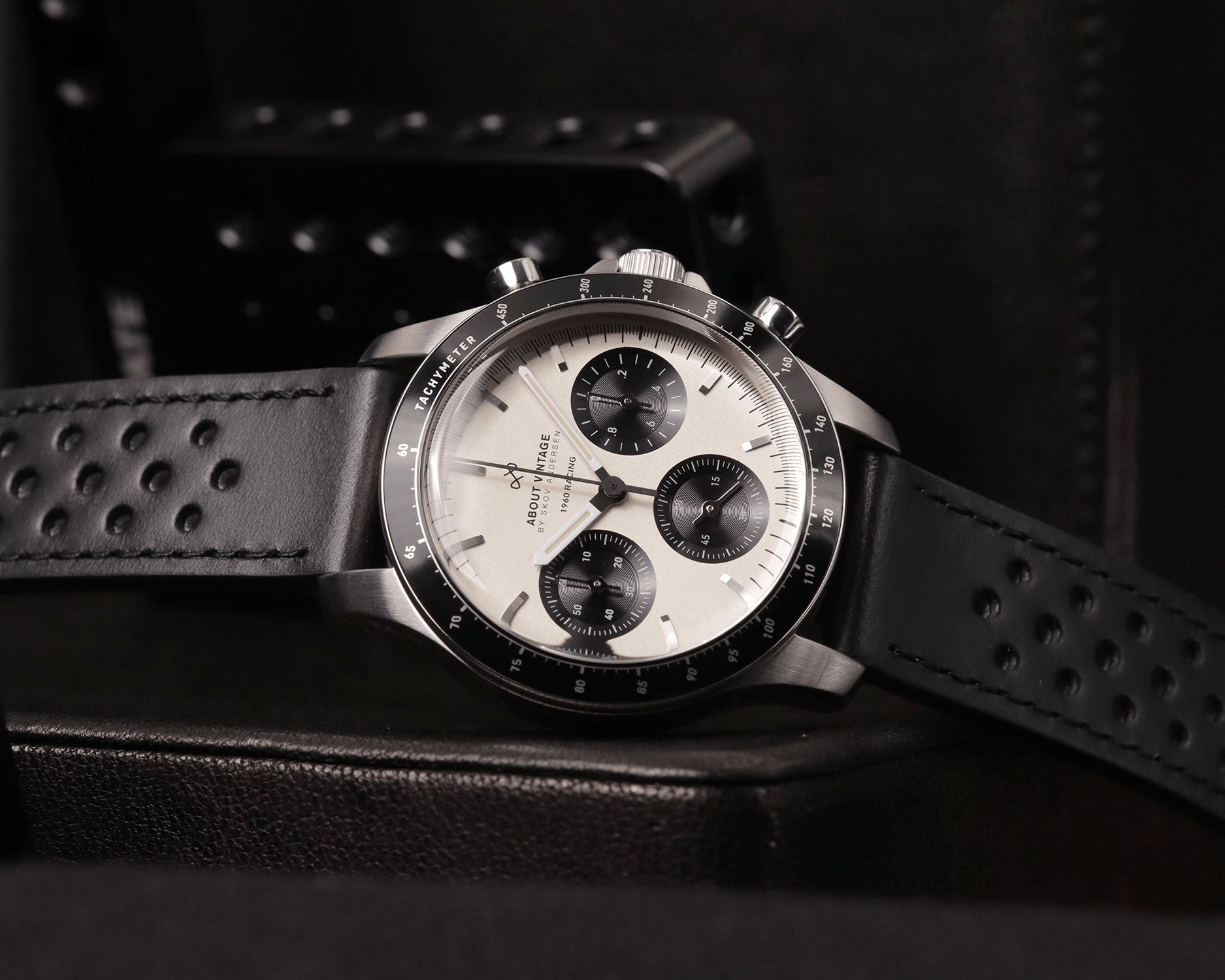 1960 Racing Chronograph by AV86 vintage-inspired chronograph with sapphire crystal, tachymeter bezel, and perforated black leather strap