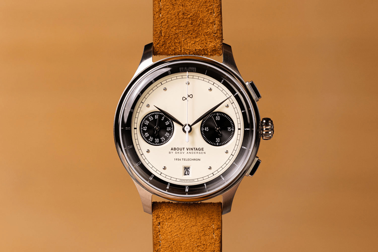 1934 Telechron by AV86 vintage-inspired chronograph with telemeter, sapphire crystal, and leather strap in minimalist design