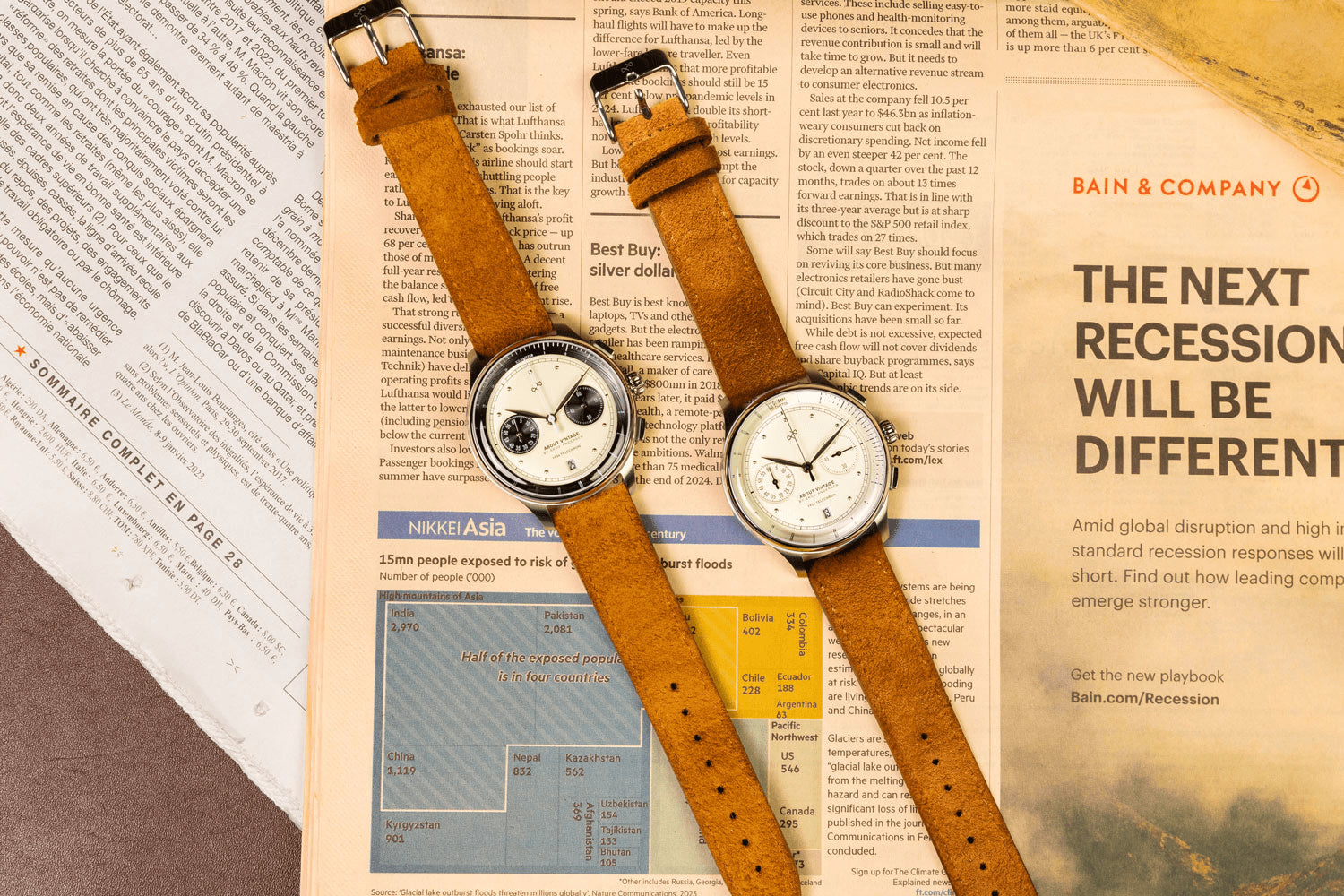 1934 Telechron by AV86 vintage-inspired chronograph with telemeter, sapphire crystal, and tan leather strap on newspaper backdrop