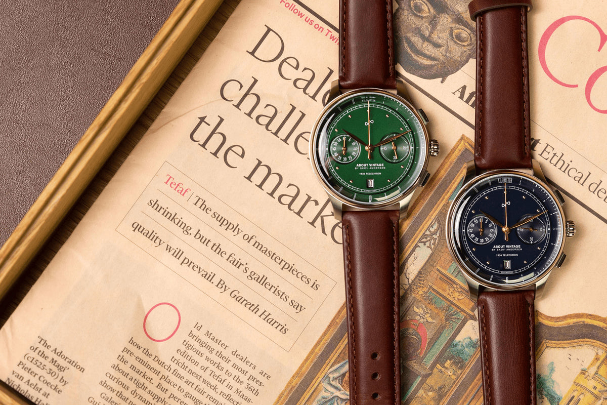 1934 Telechron by AV86 vintage-inspired chronograph with telemeter, sapphire crystal, and brown leather strap