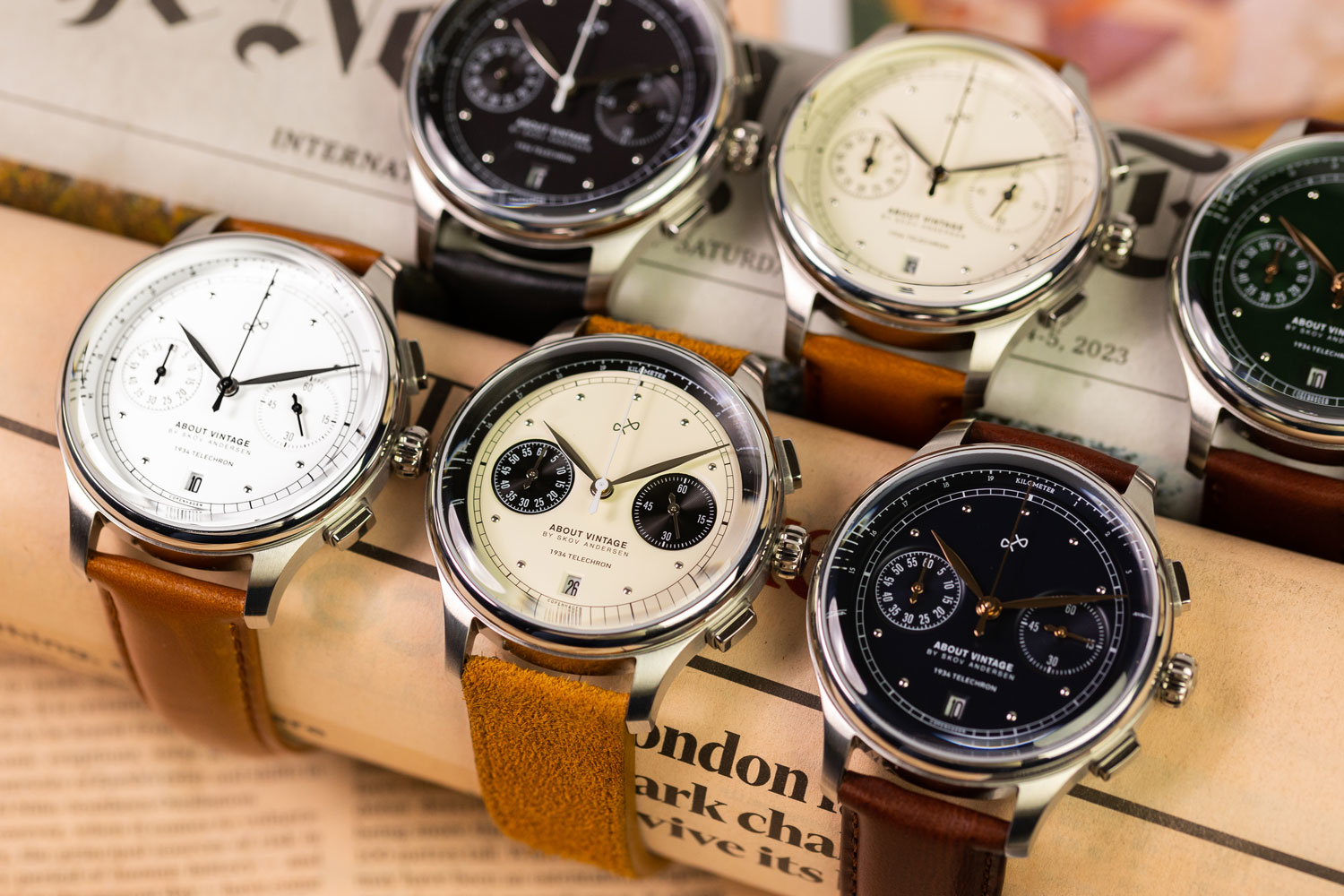 1934 Telechron by AV86 vintage-inspired chronograph with telemeter, sapphire crystal, and leather strap in a group display