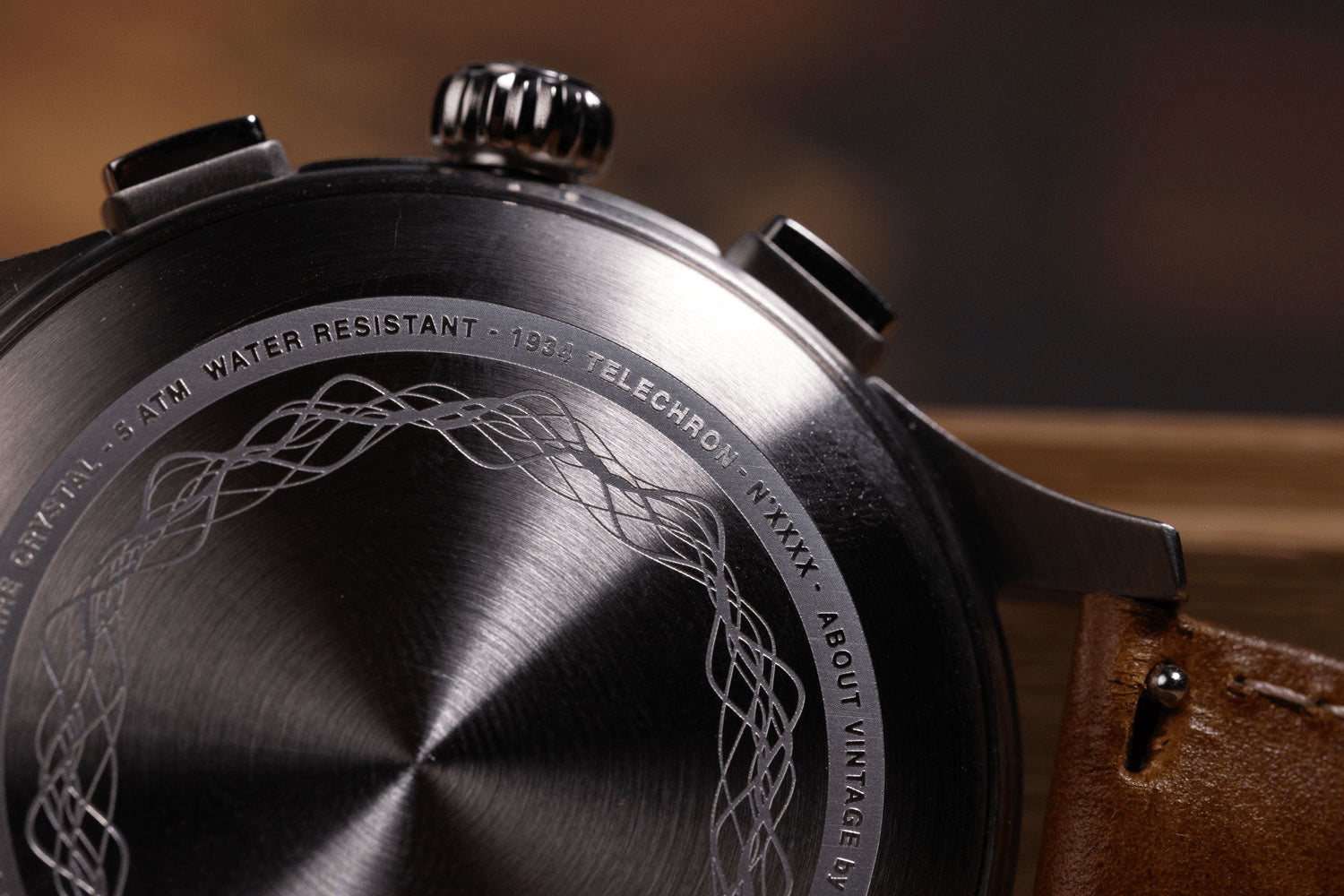 1934 Telechron by AV86 vintage-inspired chronograph with stainless steel case, engraved back, and leather strap