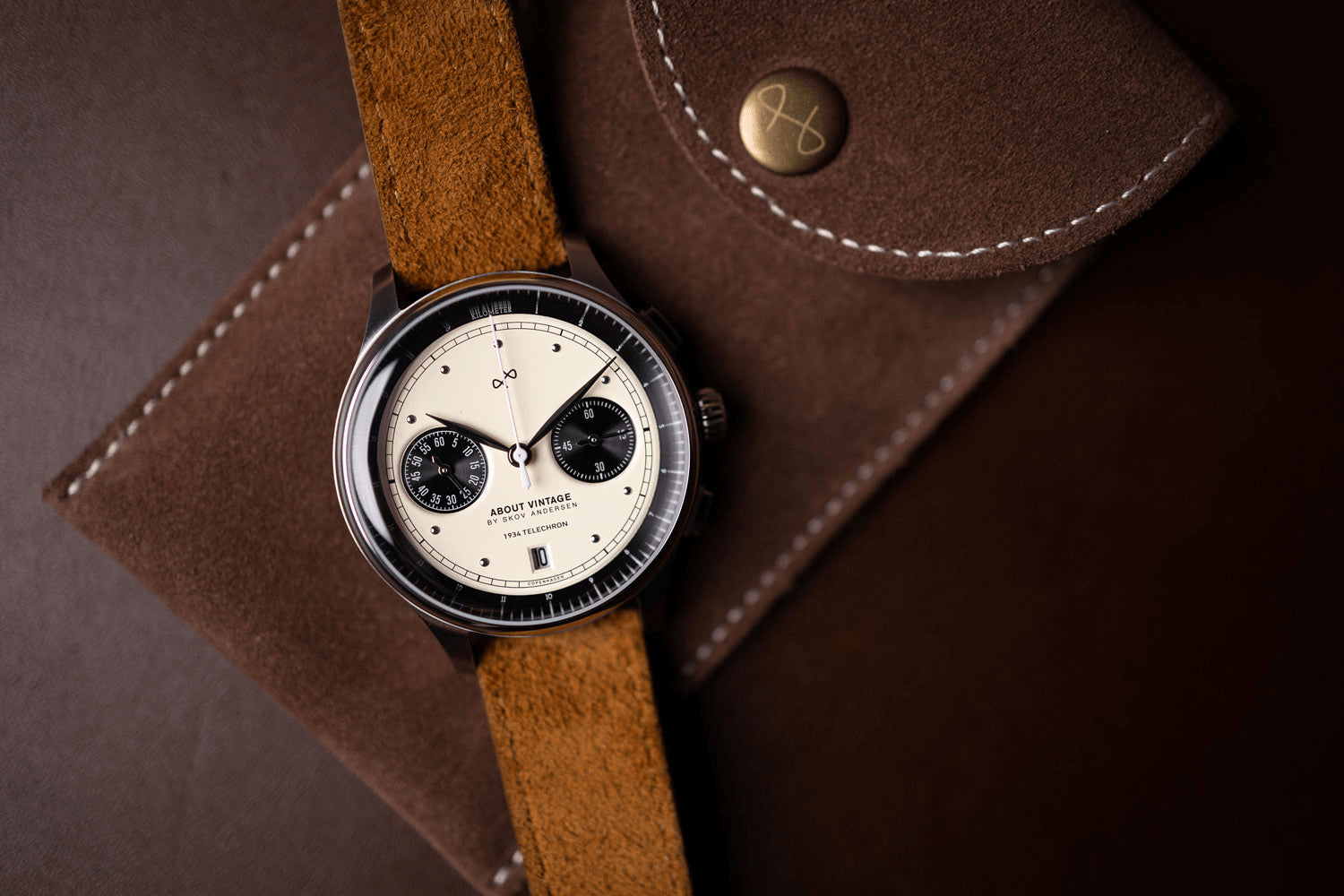 1934 Telechron by AV86 vintage-inspired chronograph with telemeter, sapphire crystal, and brown suede leather strap luxury timepiece