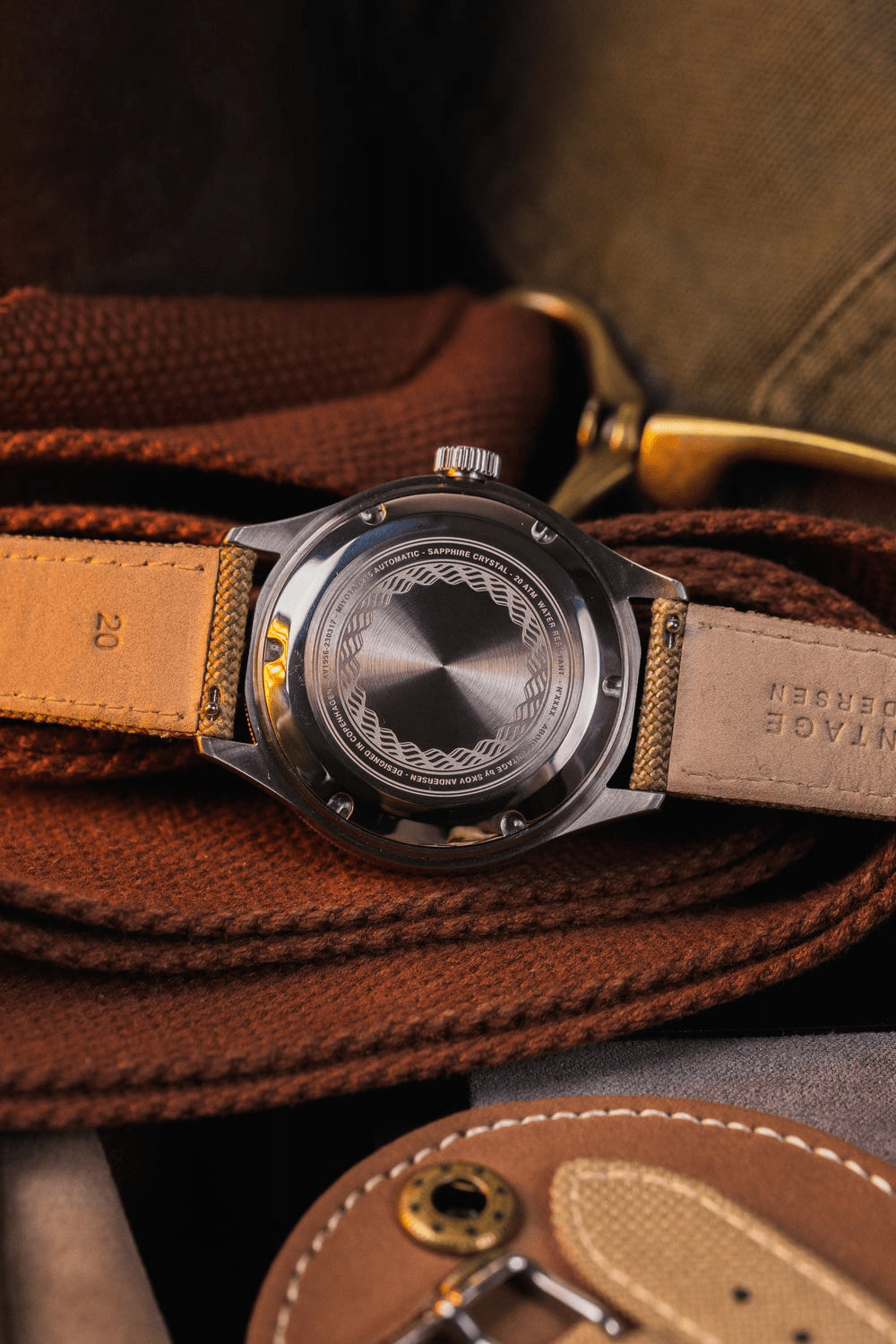 1956 Marine Automatic by AV86 with engraved stainless steel case back, automatic movement, and leather strap detailing