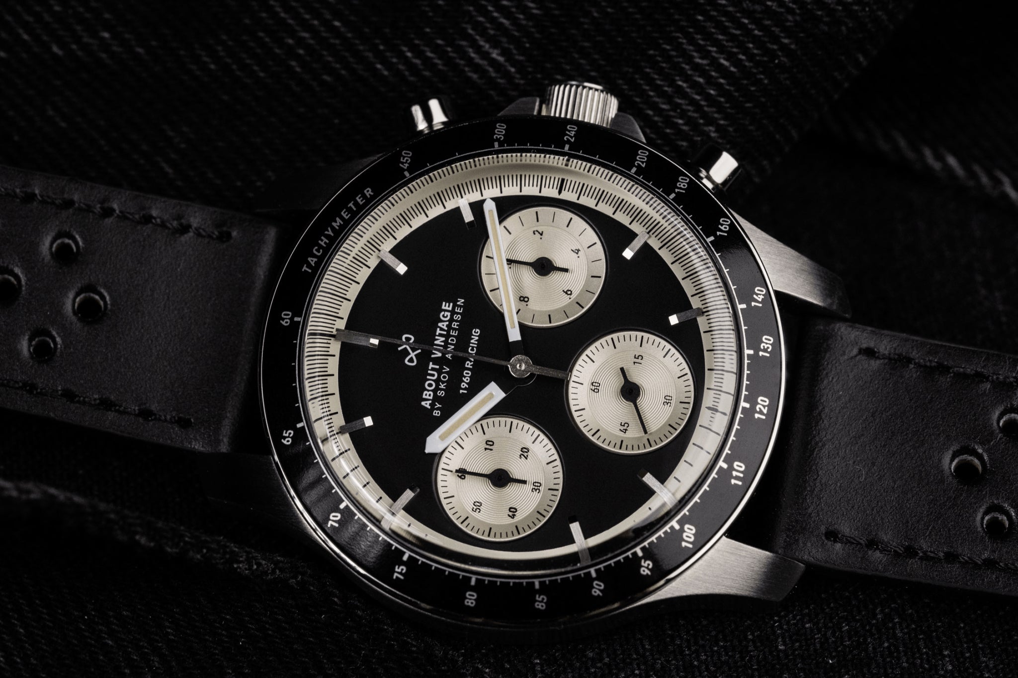 1960 Racing Chronograph by AV86 vintage-inspired with tachymeter bezel, sapphire crystal, and perforated leather strap