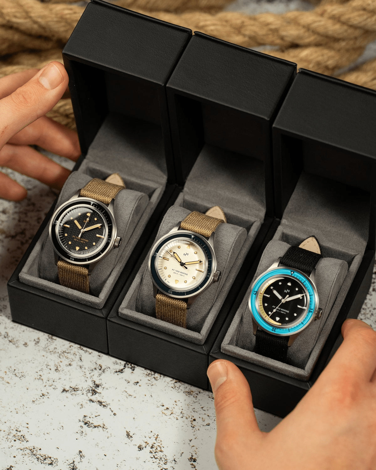 1956 Marine by AV86 vintage-inspired diver with acrylic bezel, luminous markers, domed crystal, and fabric strap in gift box set