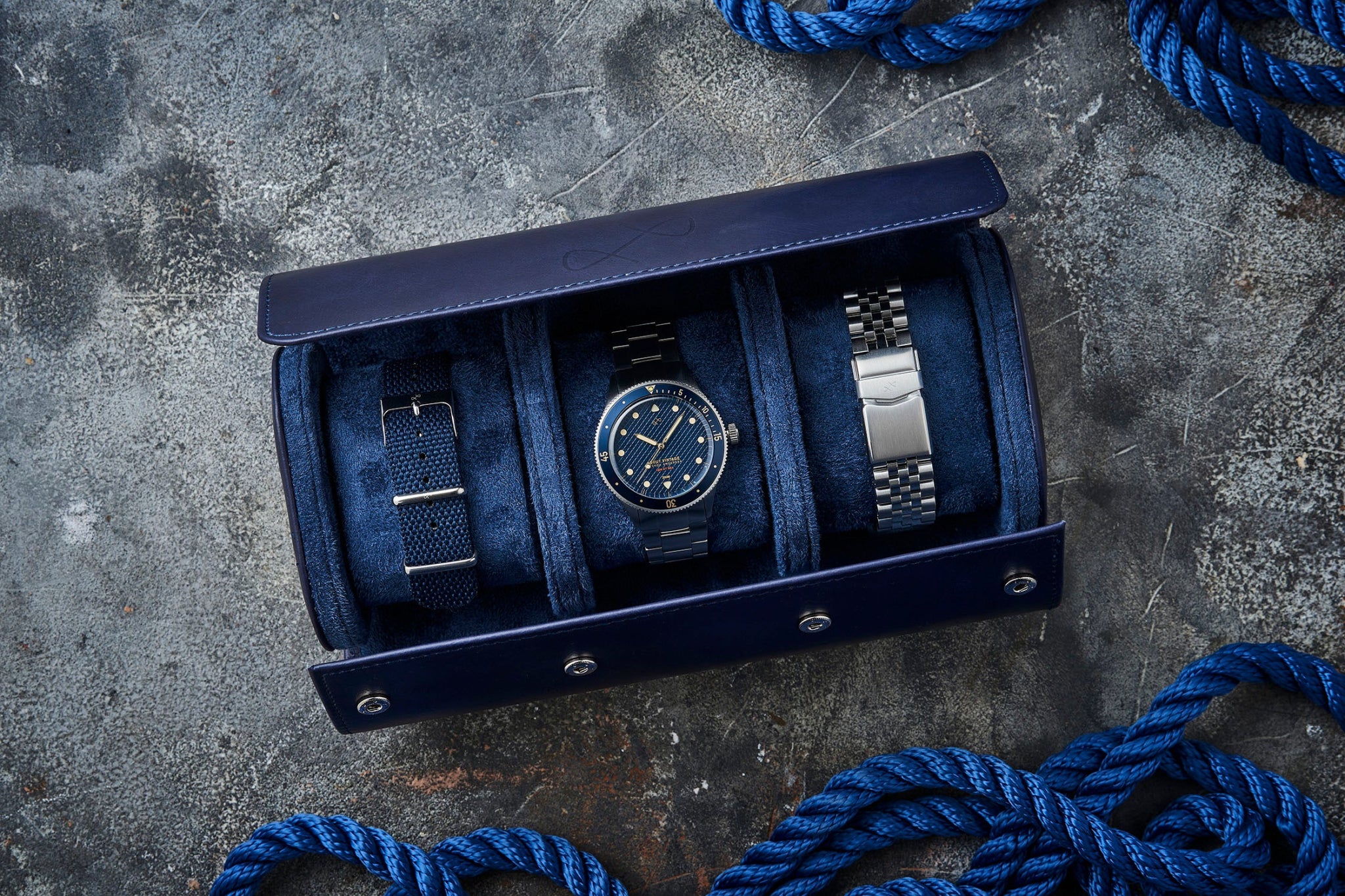 1926 At'sea Blue Turtle Vintage by AV86 vintage-inspired diver with sapphire crystal, compass bezel, and interchangeable bracelets