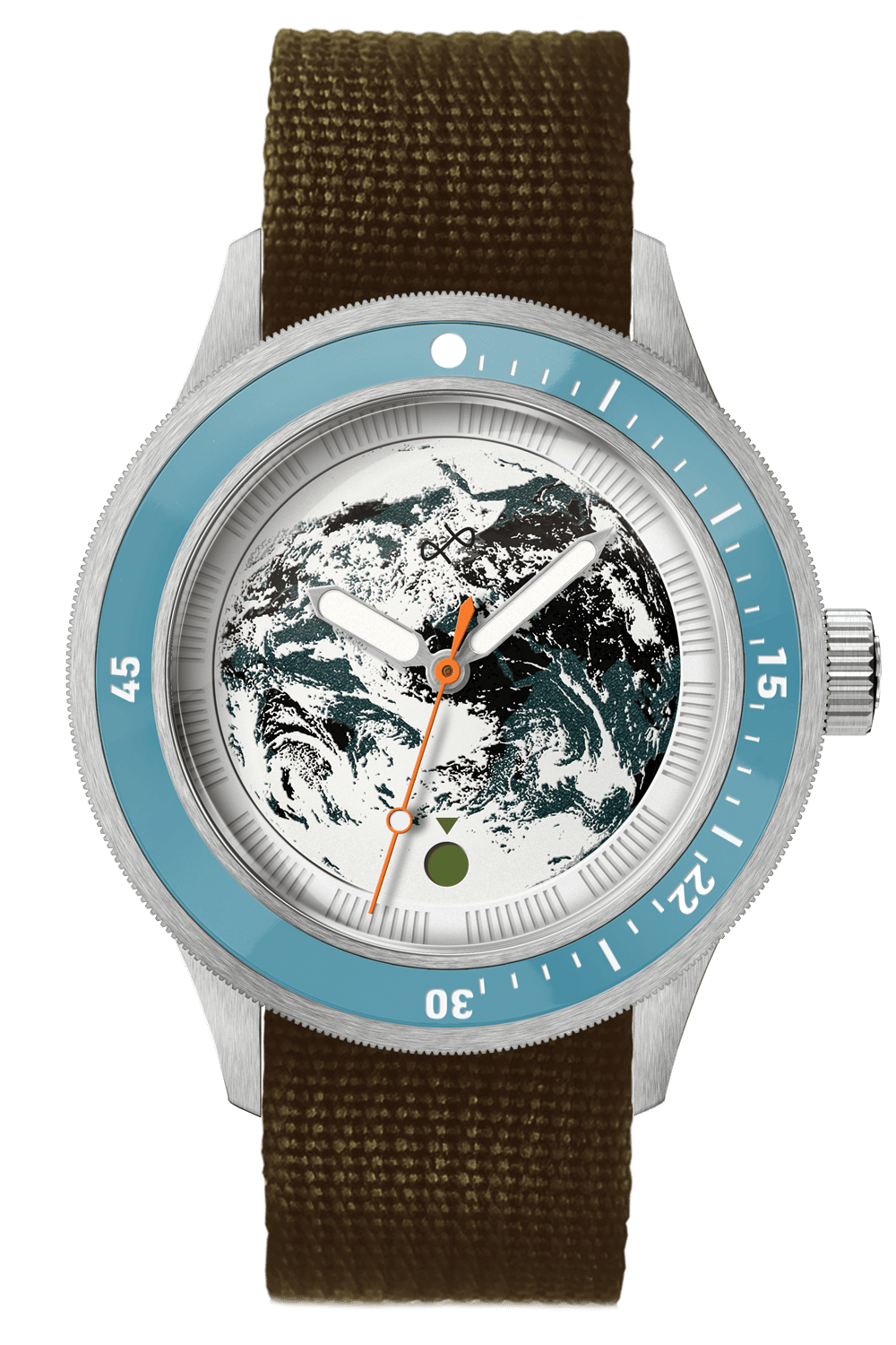Wristwatch featuring a globe-inspired dial with silver case, blue bezel, and textured olive green fabric strap.