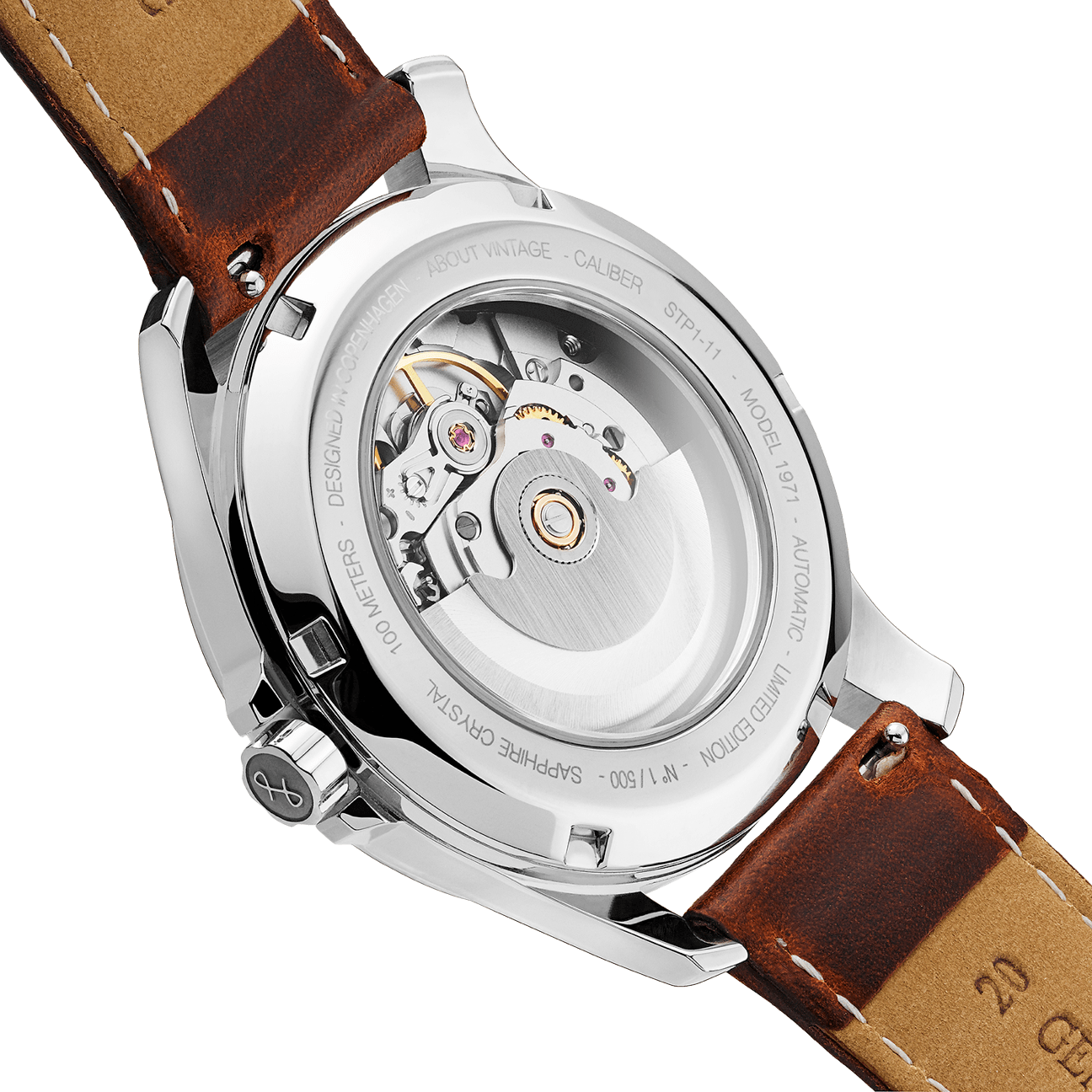 1971 Automatic, Night Blue - Swiss Made by AV86 showcasing exhibition case back, automatic movement, and brown leather strap