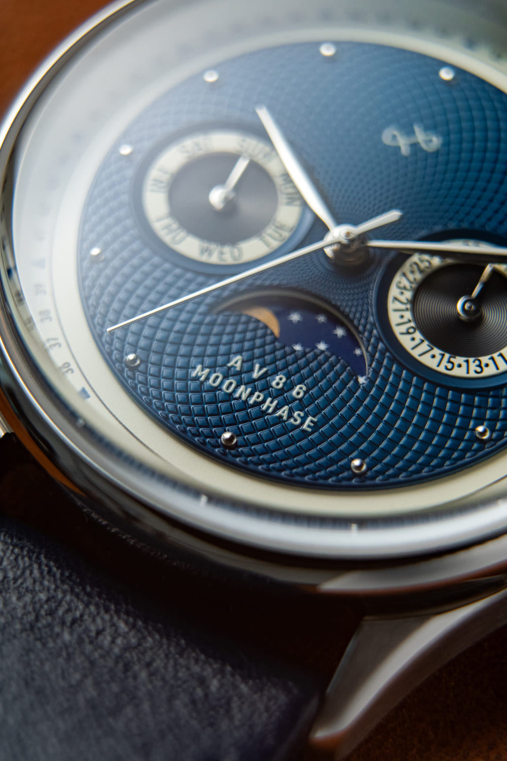 1968 Moonphase by AV86 luxury moonphase watch with textured dial, sapphire crystal, and leather strap in Scandinavian minimalist style