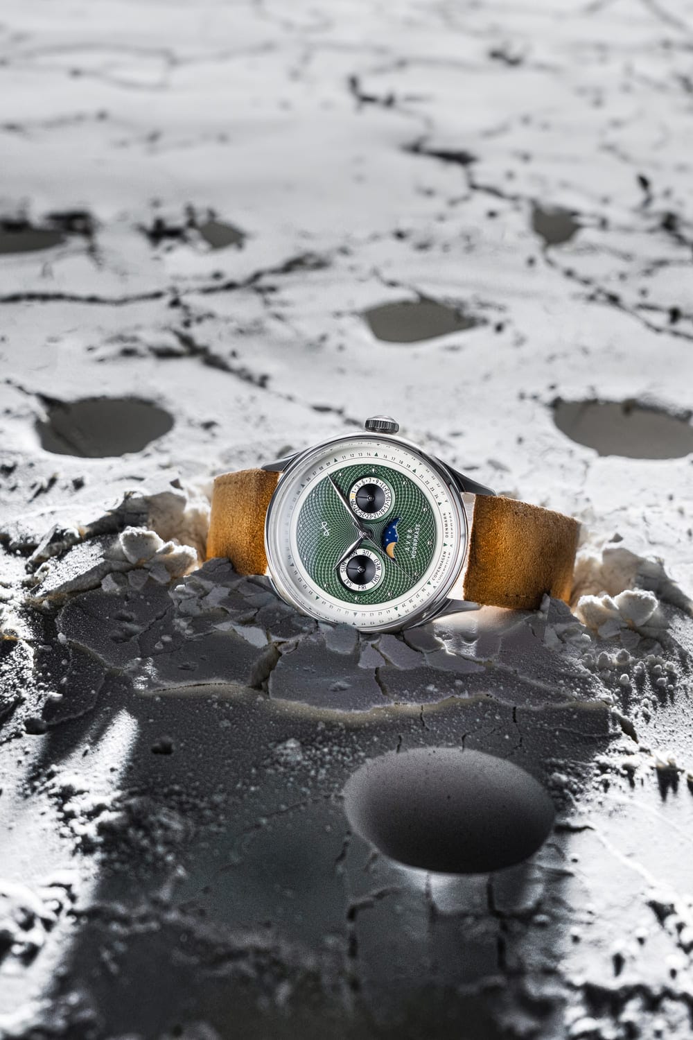 1968 Moonphase by AV86 luxury moonphase watch with textured green dial, sapphire crystal, and vintage leather strap on lunar surface background