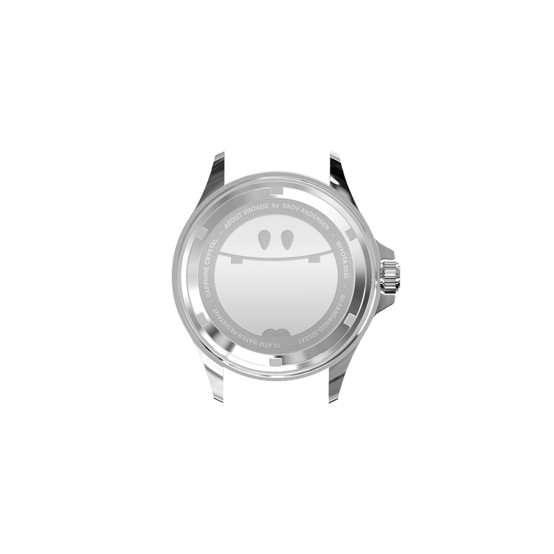 Fandango 'BOB', Green / Green by AV86 polished stainless steel case back with engraved playful design and screw-down crown
