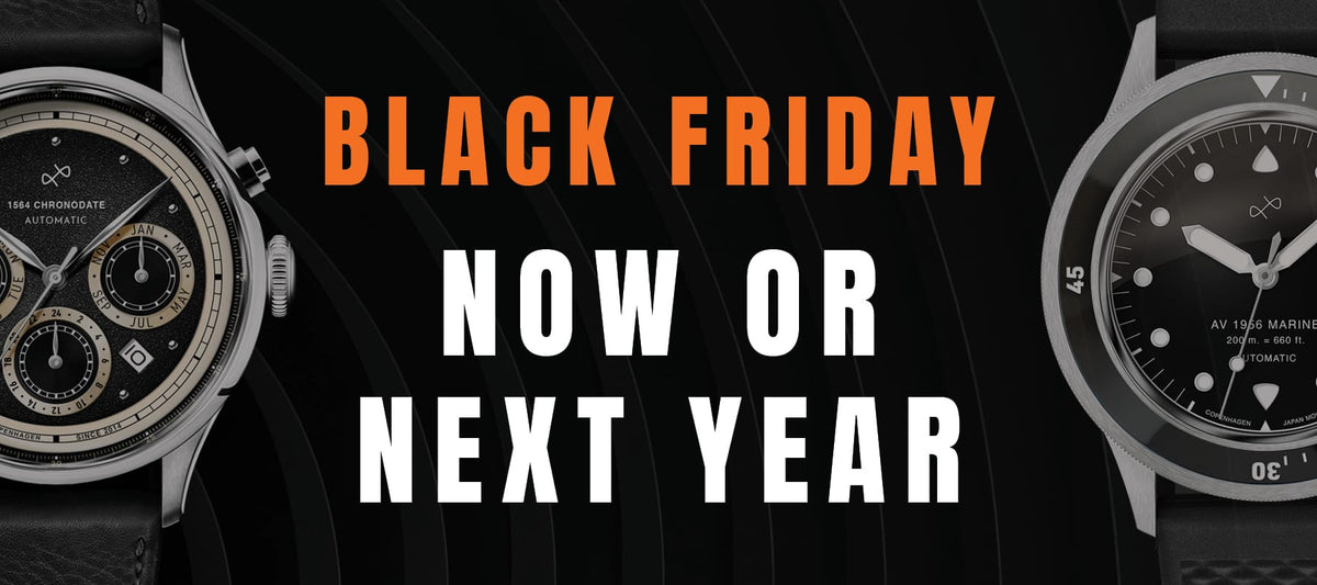 Black Friday banner with luxury vintage-inspired chronograph and automatic diver watches by AV86, emphasizing time-sensitive urgency